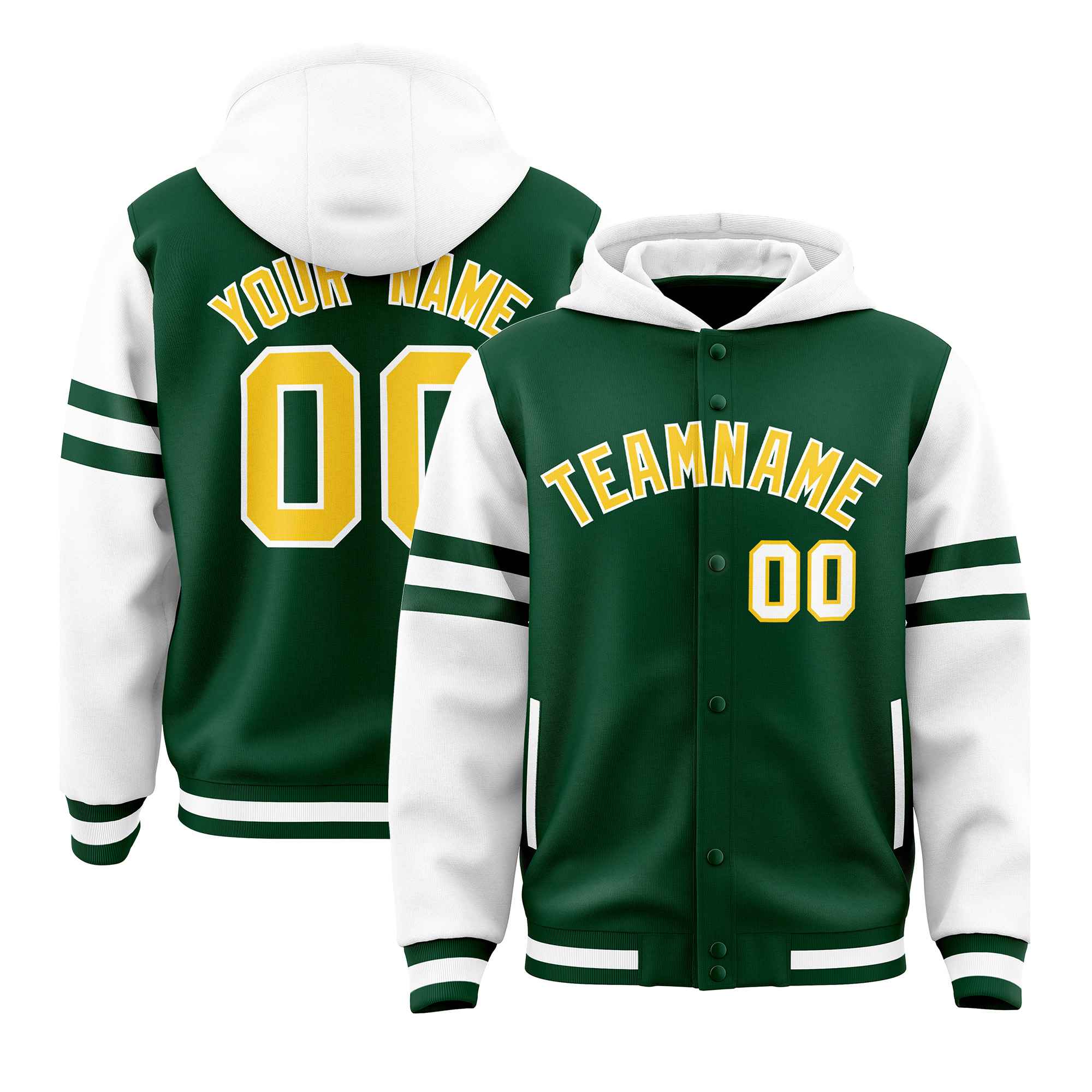 Custom Green White Raglan Sleeves Varsity Full-Snap Letterman Three Stripes Jacket Hoodie| KXKSHOP