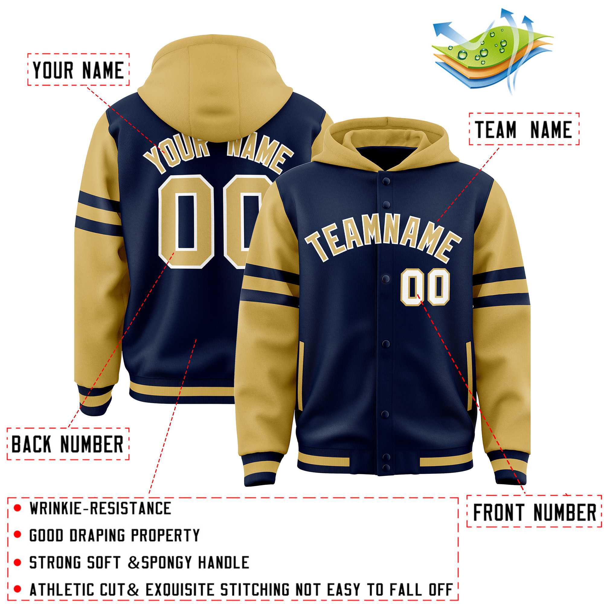 Custom Navy Old Gold Raglan Sleeves Varsity Full-Snap Letterman Three Stripes Jacket Hoodie| KXKSHOP