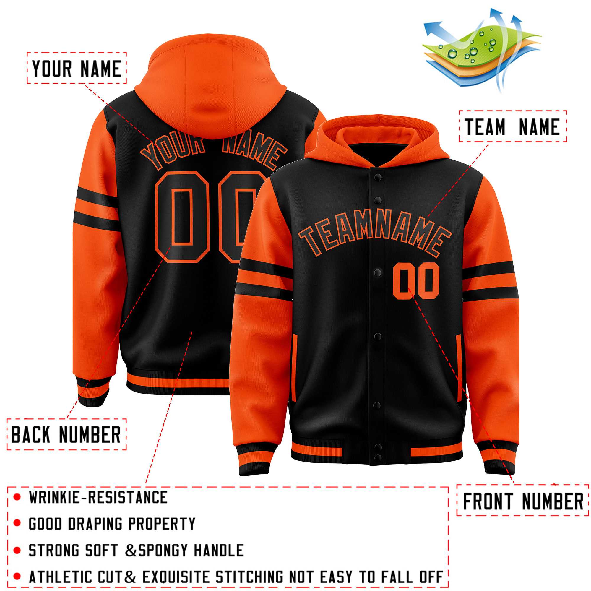 Custom Black Orange Raglan Sleeves Varsity Full-Snap Letterman Three Stripes Jacket Hoodie| KXKSHOP