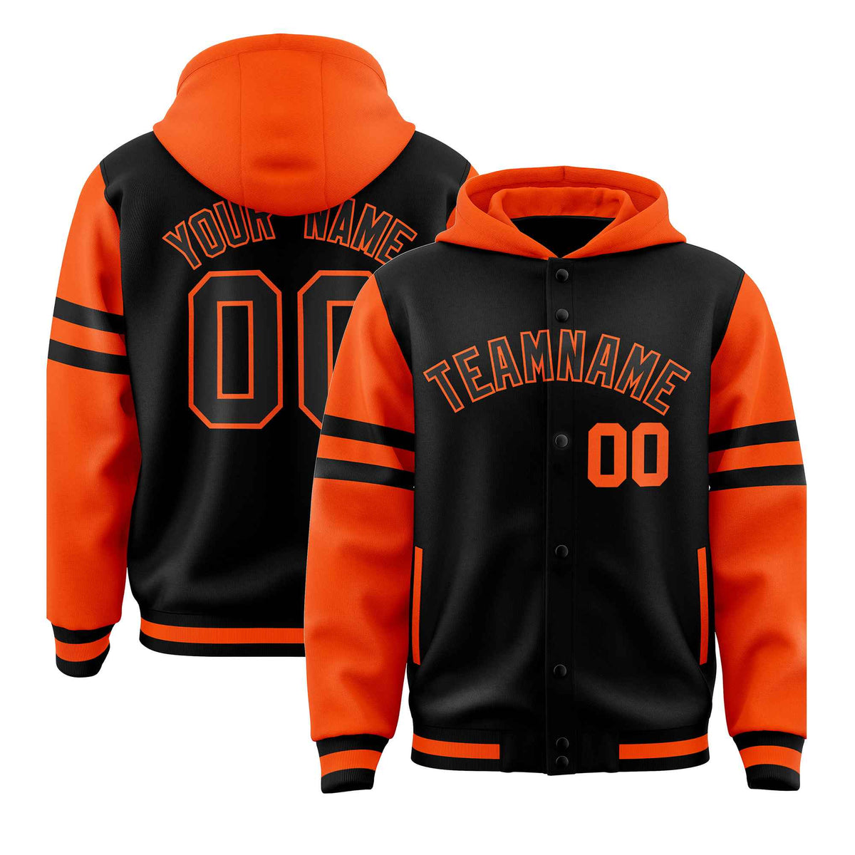 Custom Black Orange Raglan Sleeves Varsity Full-Snap Letterman Three Stripes Jacket Hoodie| KXKSHOP