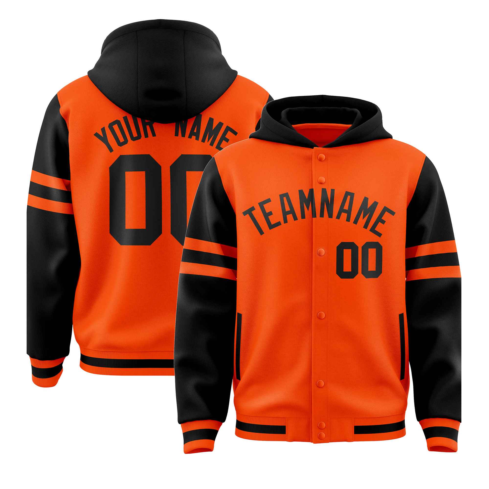 Custom Orange Black Raglan Sleeves Varsity Full-Snap Letterman Three Stripes Jacket Hoodie| KXKSHOP