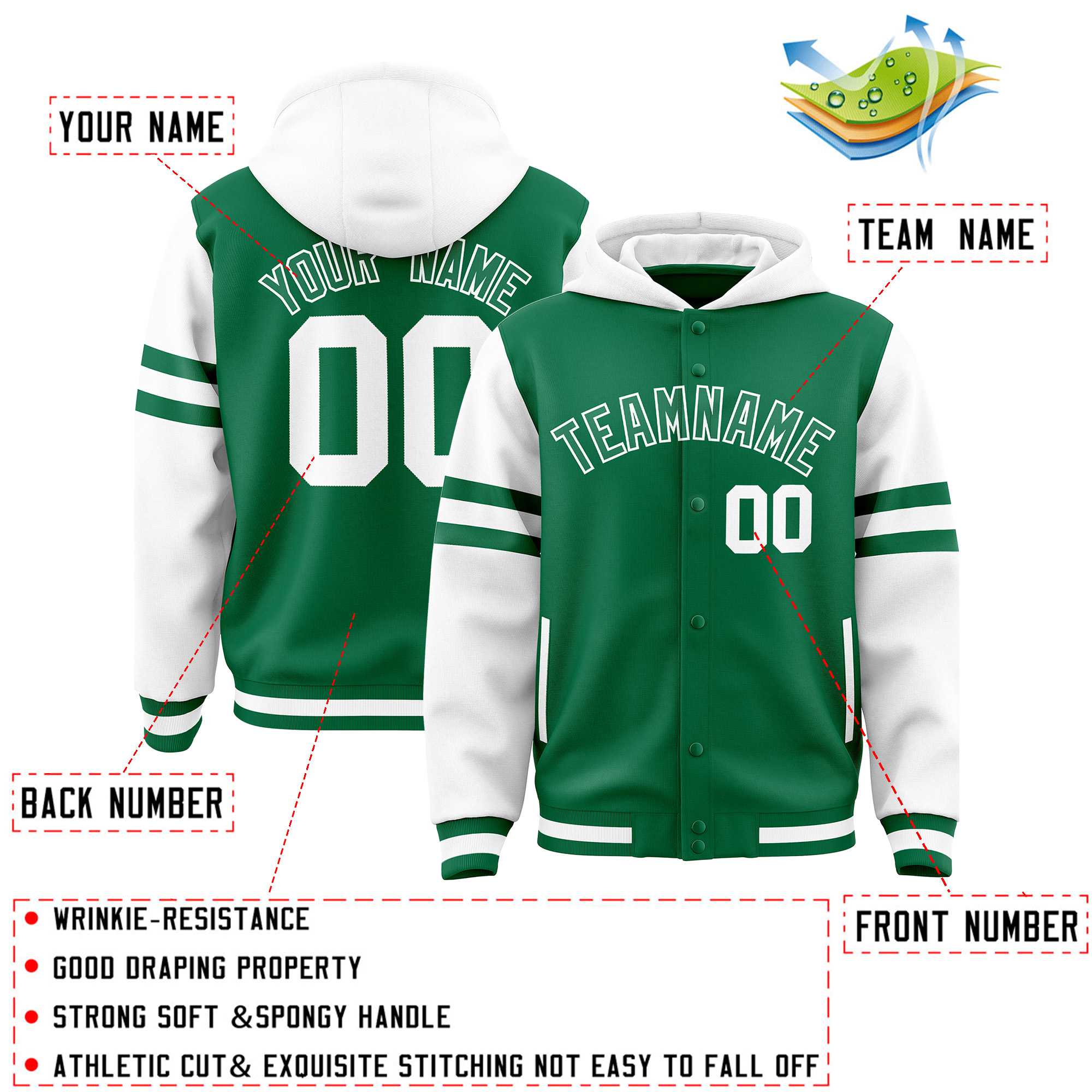 Custom Kelly Green White Raglan Sleeves Varsity Full-Snap Letterman Three Stripes Jacket Hoodie| KXKSHOP
