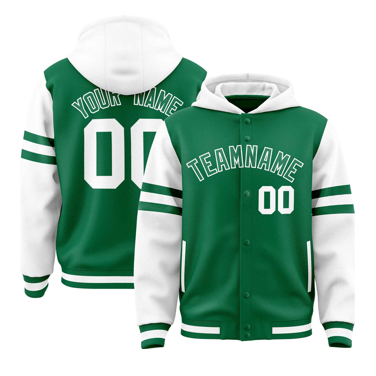 Custom Kelly Green White Raglan Sleeves Varsity Full-Snap Letterman Three Stripes Jacket Hoodie| KXKSHOP