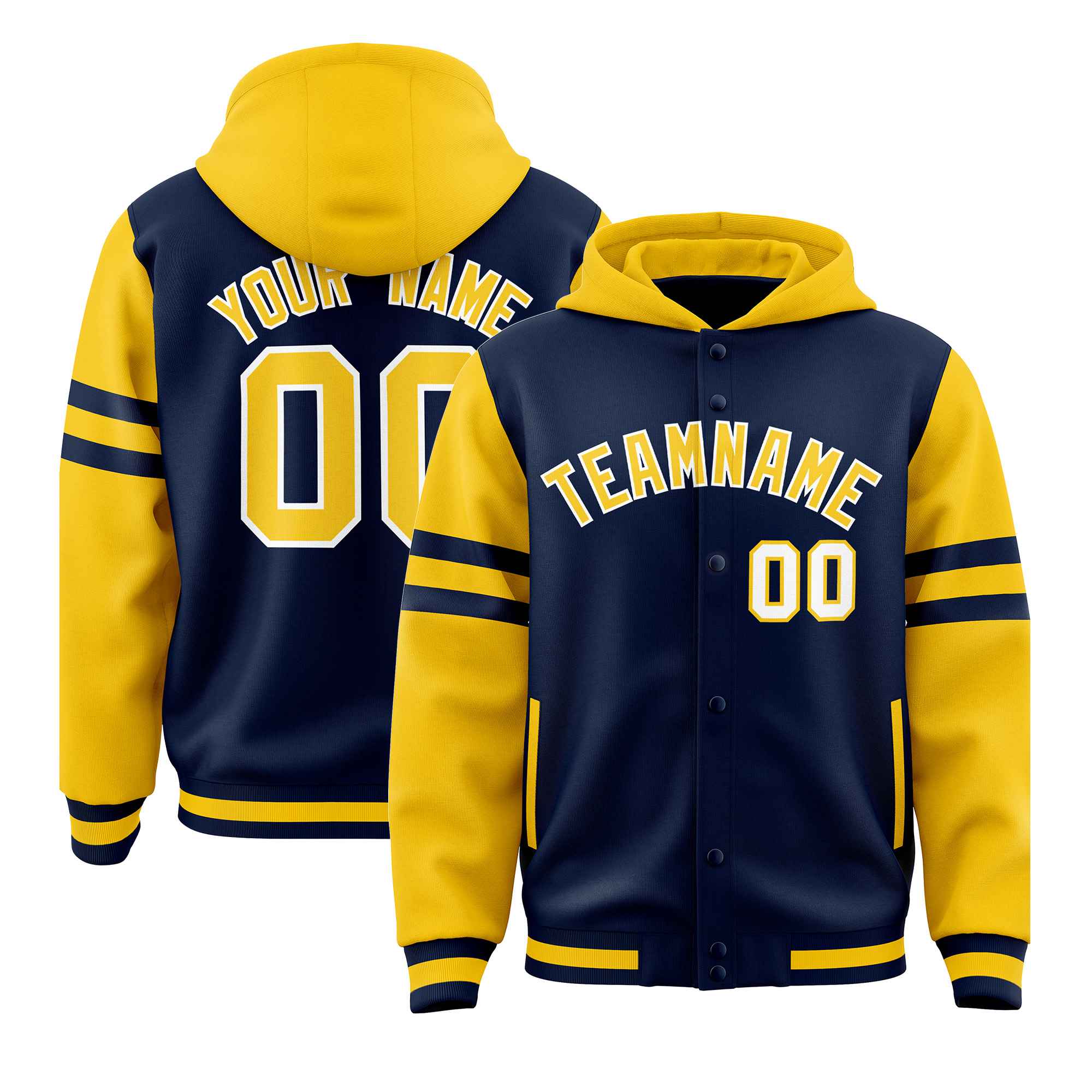 Custom Navy Gold Raglan Sleeves Varsity Full-Snap Letterman Three Stripes Jacket Hoodie| KXKSHOP