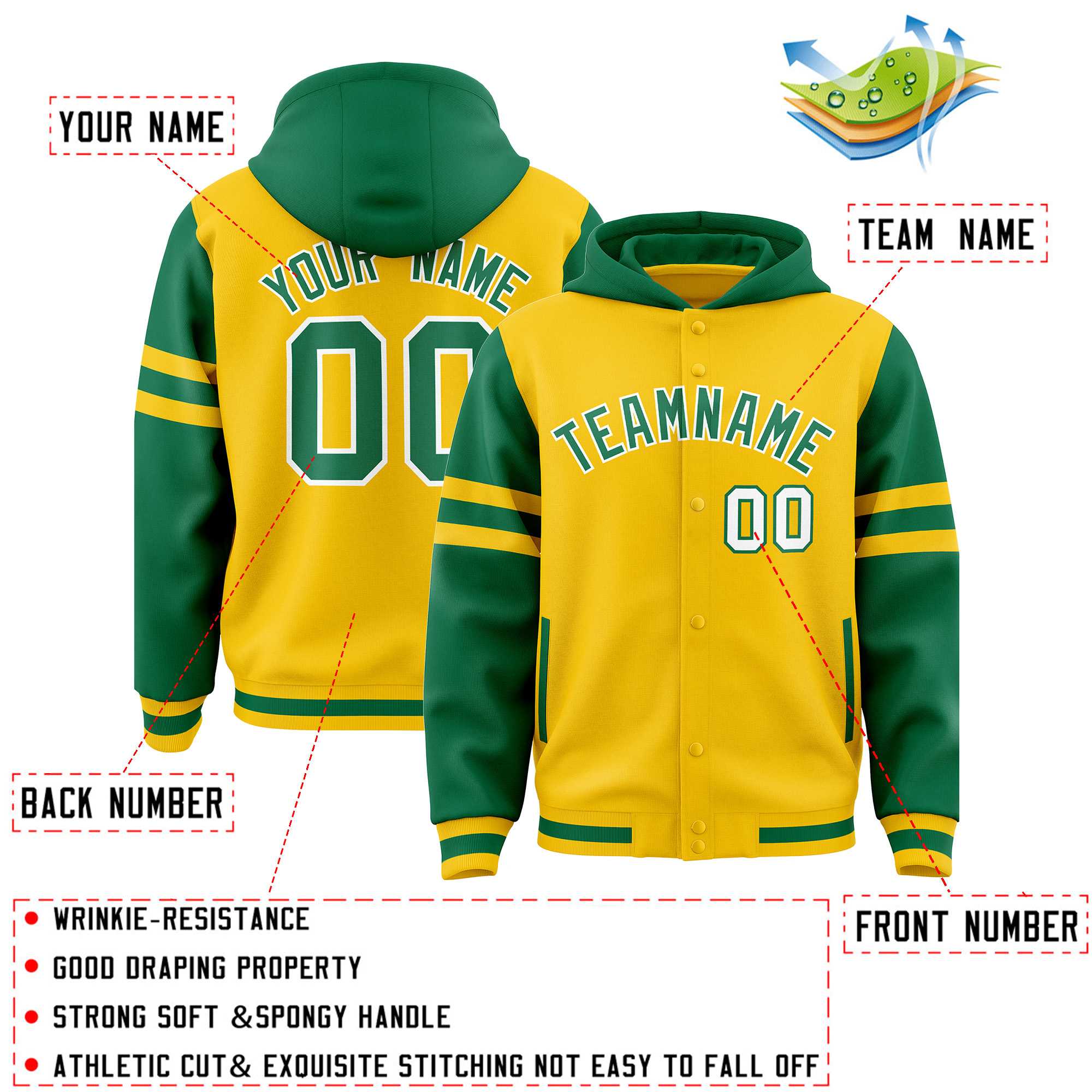 Custom Gold Kelly Green Raglan Sleeves Varsity Full-Snap Letterman Three Stripes Jacket Hoodie| KXKSHOP