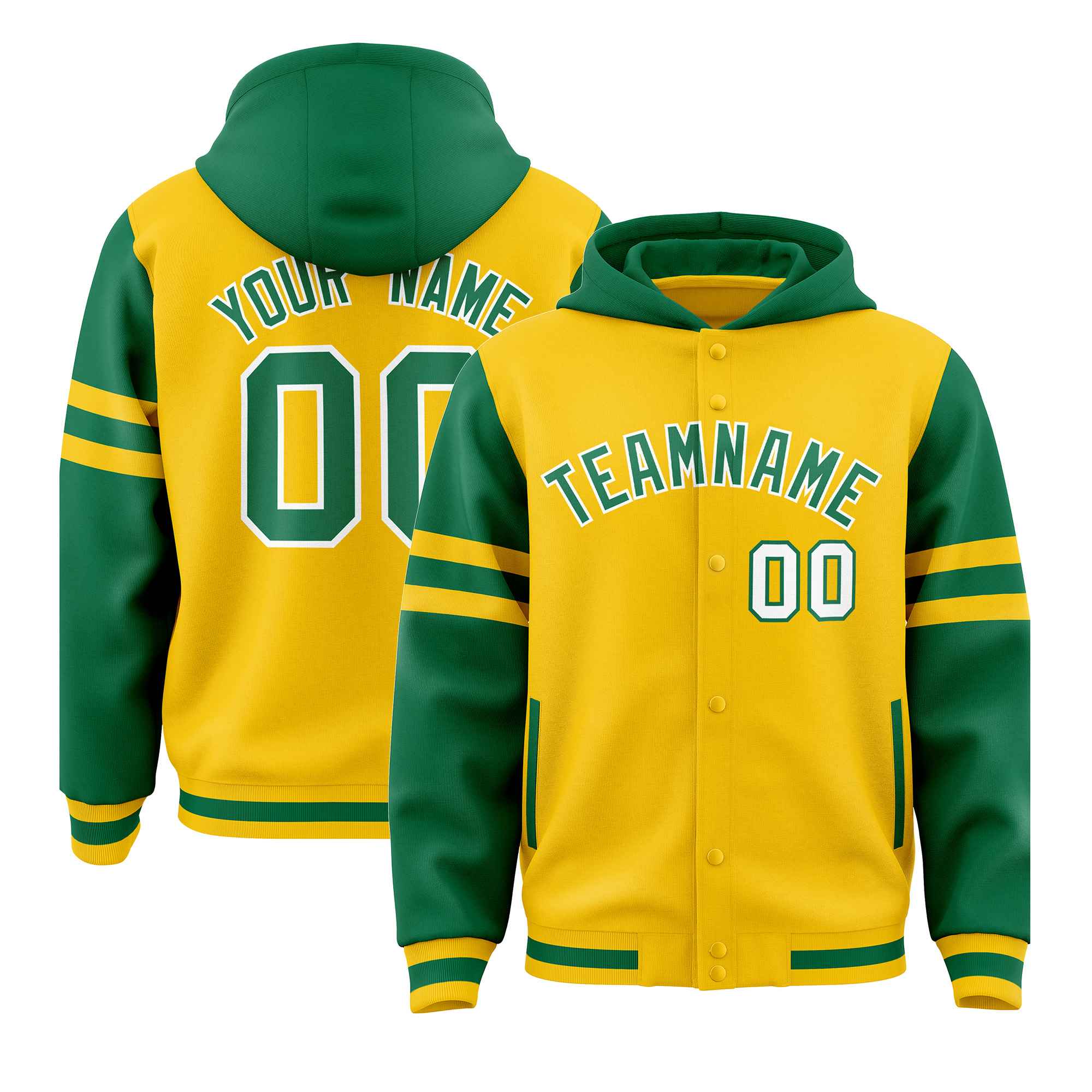 Custom Gold Kelly Green Raglan Sleeves Varsity Full-Snap Letterman Three Stripes Jacket Hoodie| KXKSHOP