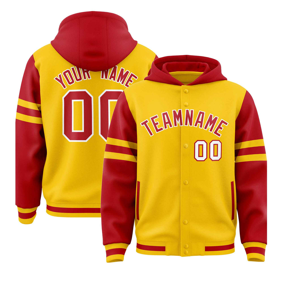 Custom Gold Red Raglan Sleeves Varsity Full-Snap Letterman Three Stripes Jacket Hoodie| KXKSHOP