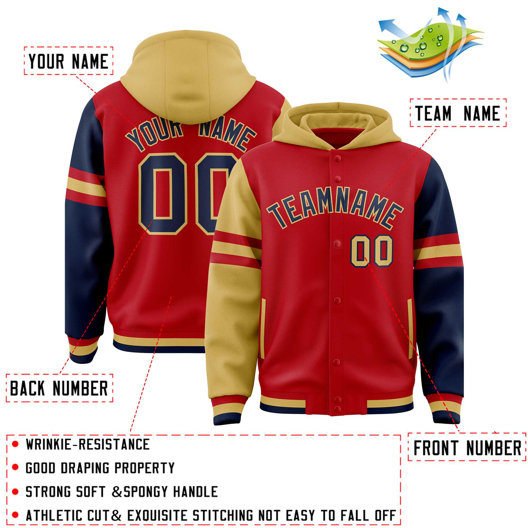 Custom Red Old Gold-Navy Raglan Sleeves Varsity Full-Snap Letterman Three Stripes Jacket Hoodie| KXKSHOP
