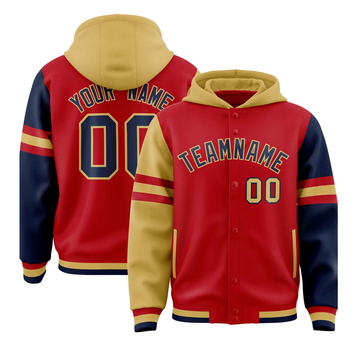 Custom Red Old Gold-Navy Raglan Sleeves Varsity Full-Snap Letterman Three Stripes Jacket Hoodie| KXKSHOP