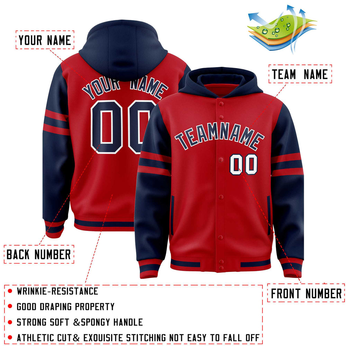 Custom Red Navy Raglan Sleeves Varsity Full-Snap Letterman Three Stripes Jacket Hoodie| KXKSHOP