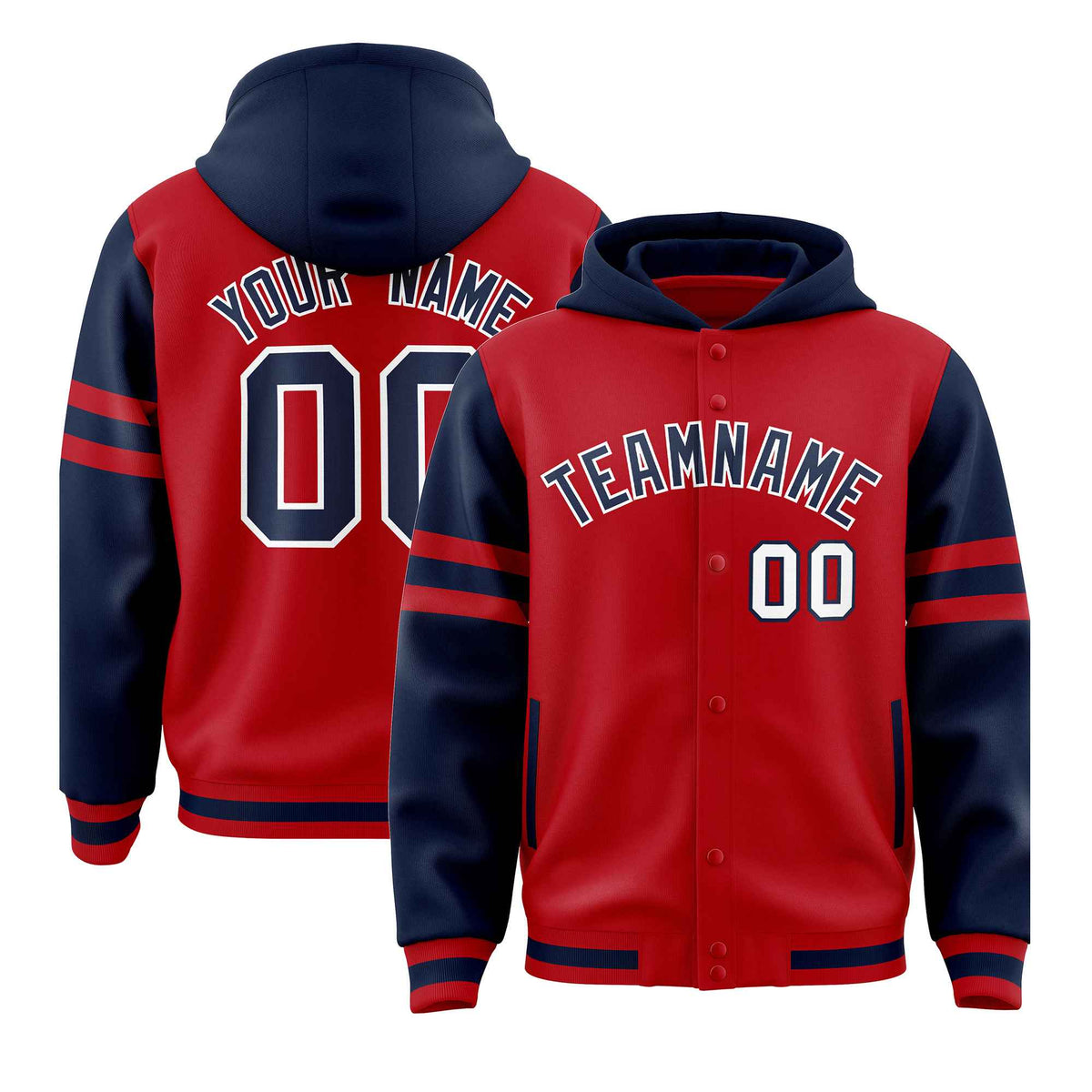 Custom Red Navy Raglan Sleeves Varsity Full-Snap Letterman Three Stripes Jacket Hoodie| KXKSHOP