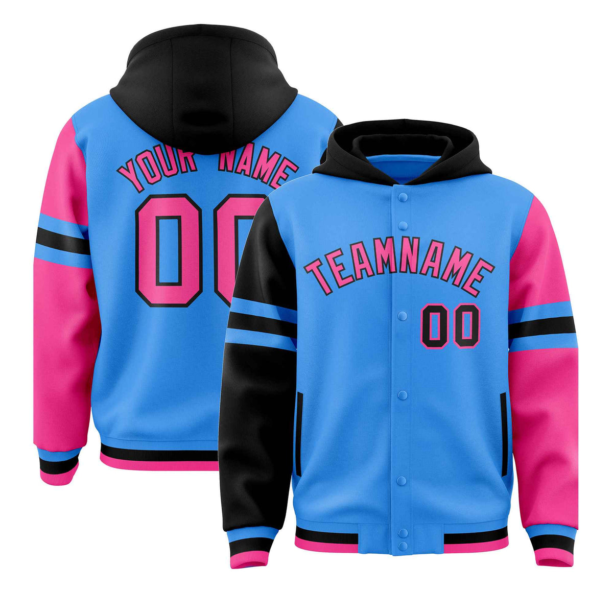 Custom Powder Blue Black-Pink Raglan Sleeves Varsity Full-Snap Letterman Three Stripes Jacket Hoodie| KXKSHOP