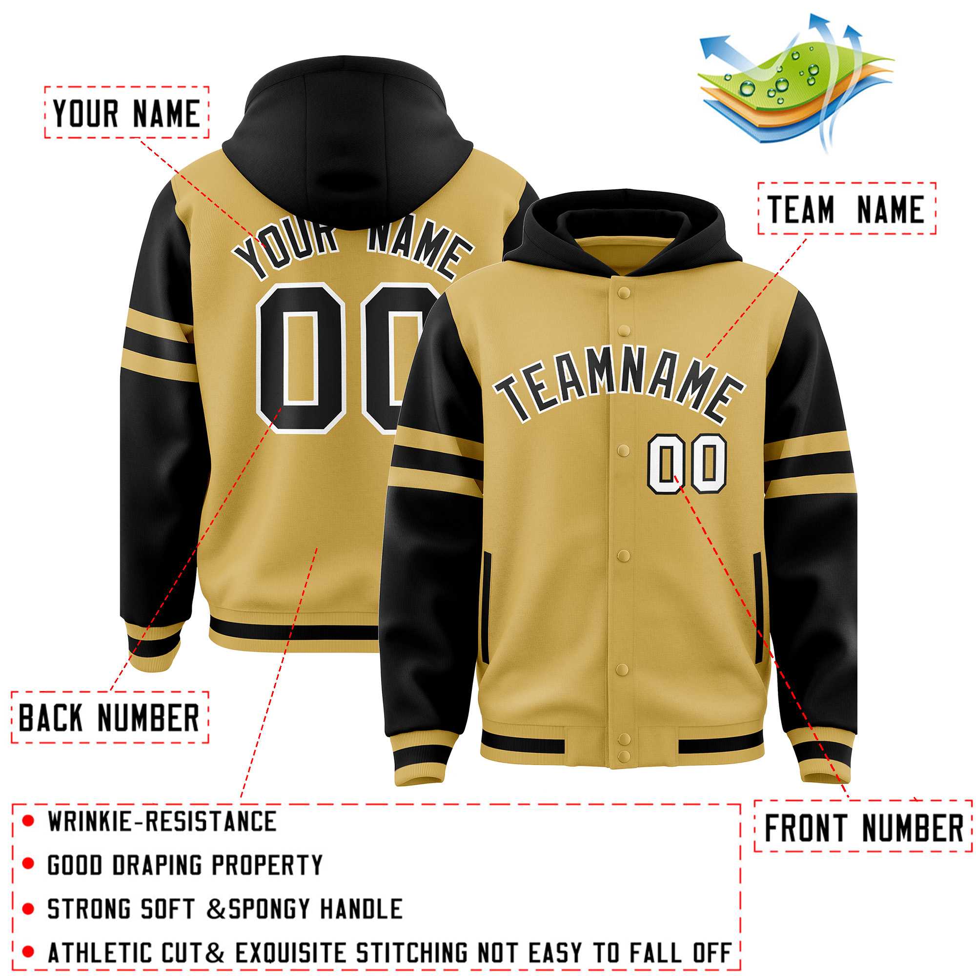 Custom Old Gold Black Raglan Sleeves Varsity Full-Snap Letterman Three Stripes Jacket Hoodie| KXKSHOP