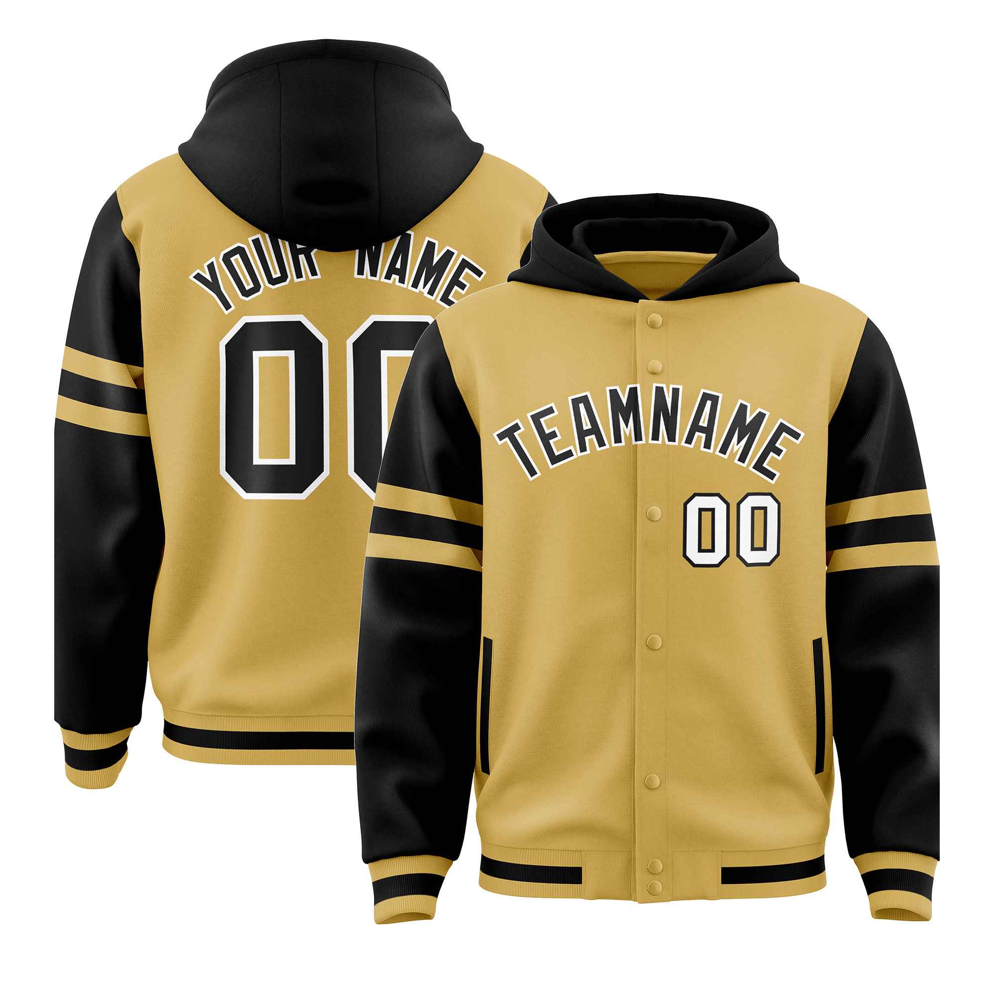 Custom Old Gold Black Raglan Sleeves Varsity Full-Snap Letterman Three Stripes Jacket Hoodie| KXKSHOP