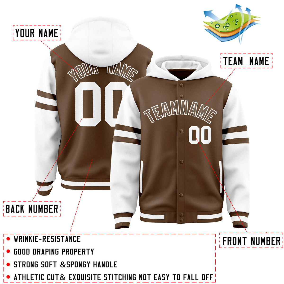 Custom Light Brown White Raglan Sleeves Varsity Full-Snap Letterman Three Stripes Jacket Hoodie| KXKSHOP