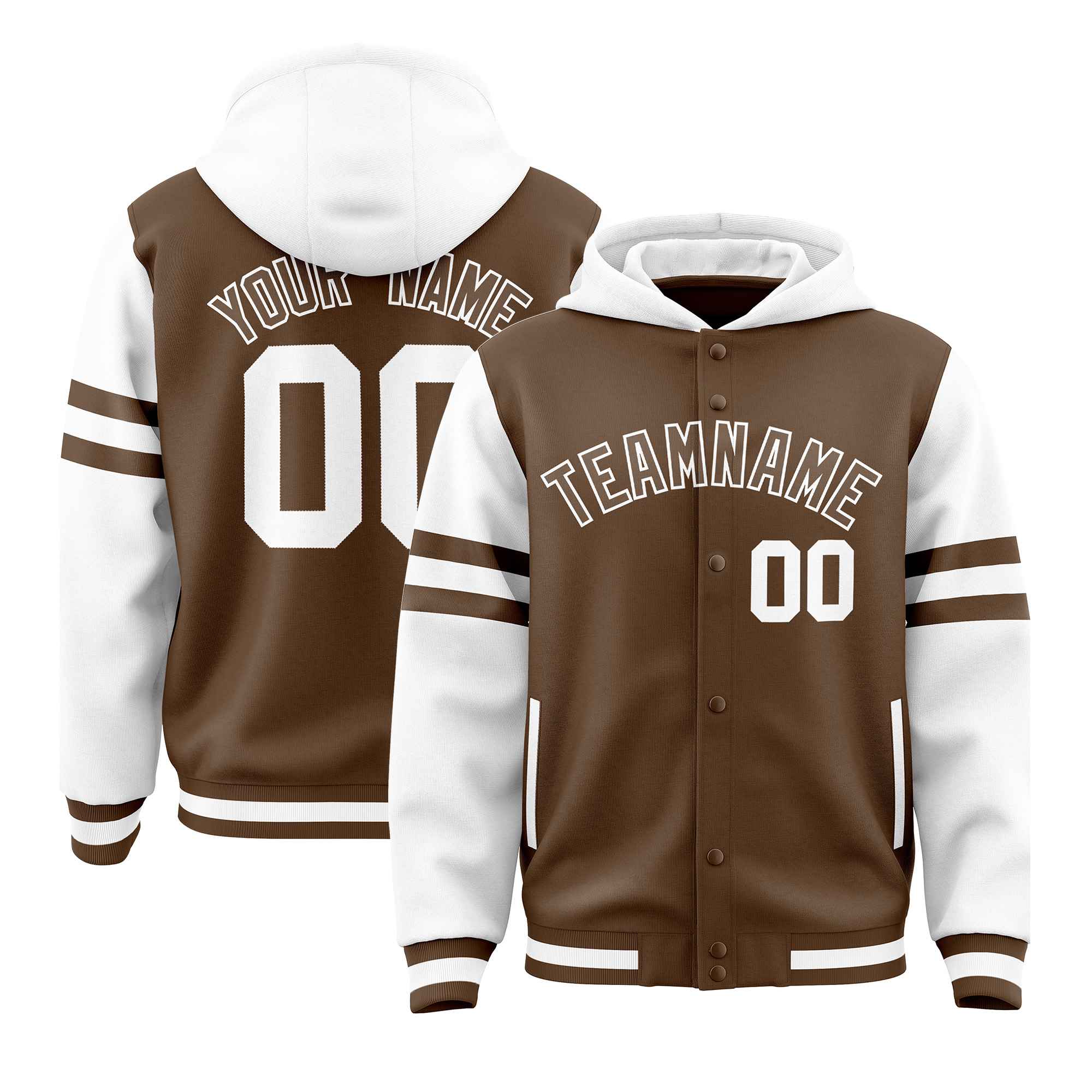 Custom Light Brown White Raglan Sleeves Varsity Full-Snap Letterman Three Stripes Jacket Hoodie| KXKSHOP