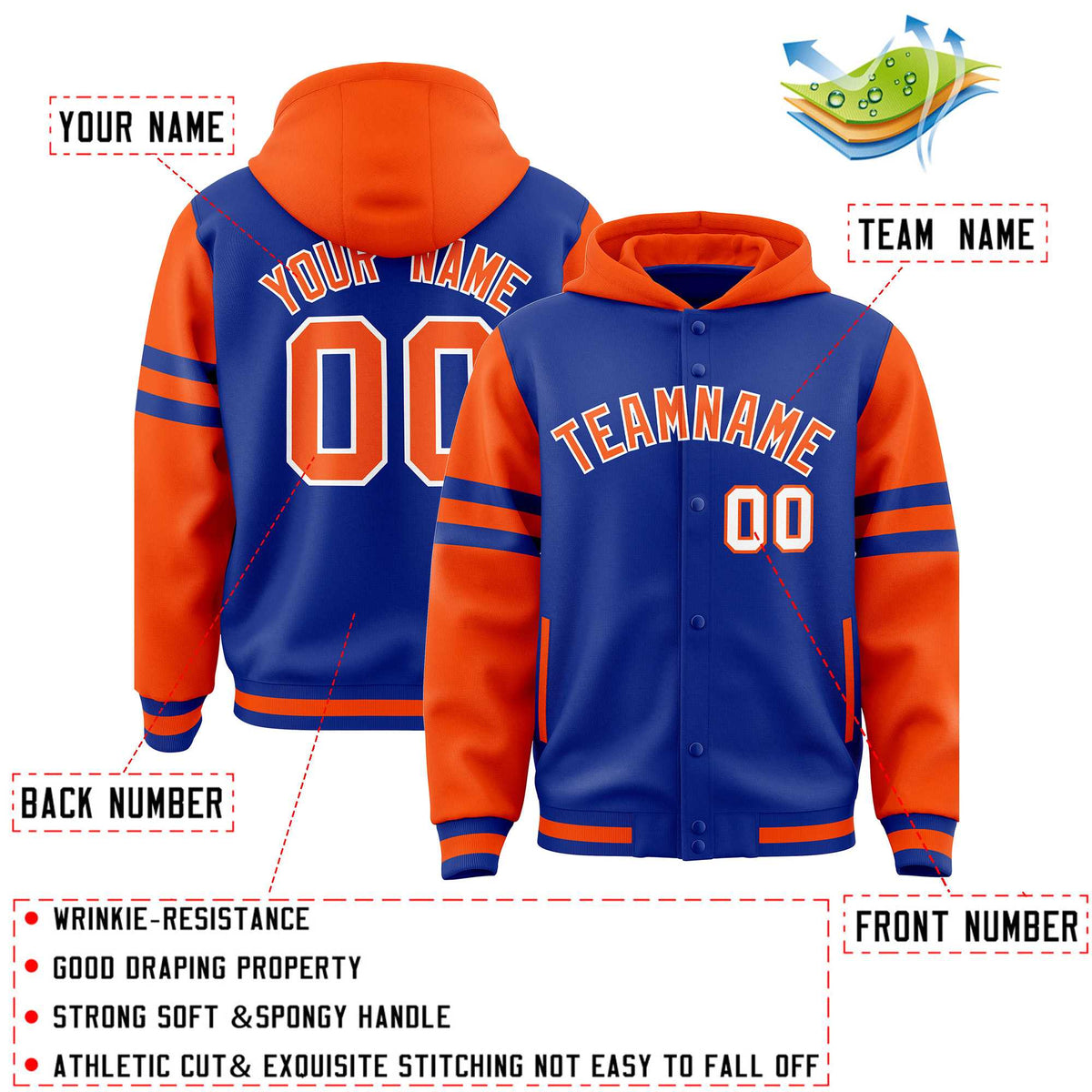 Custom Royal Orange Raglan Sleeves Varsity Full-Snap Letterman Three Stripes Jacket Hoodie| KXKSHOP