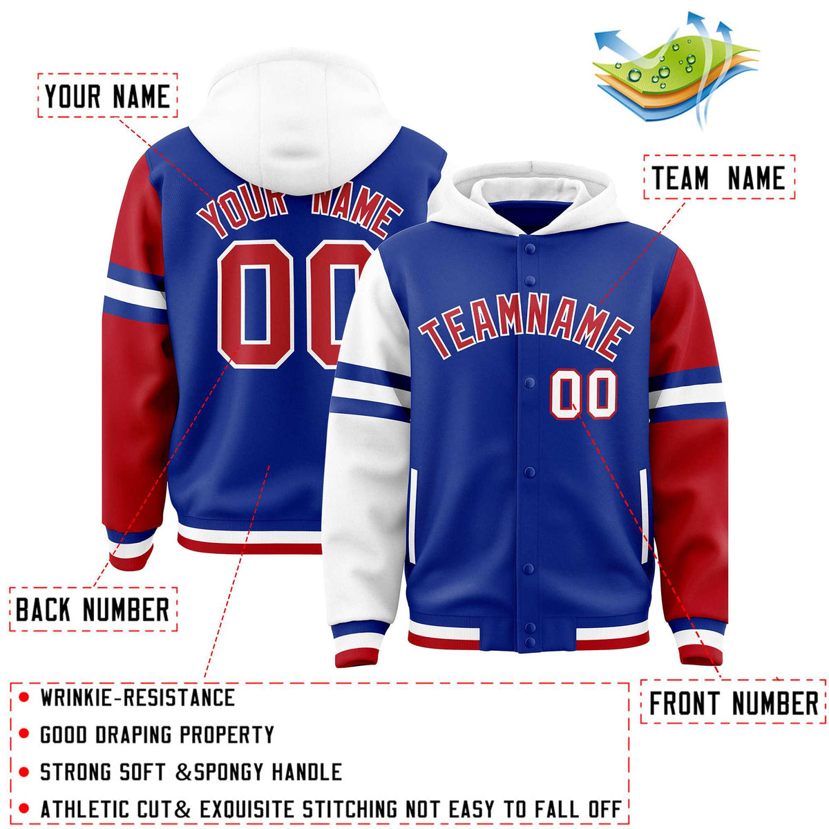 Custom Royal White-Red Raglan Sleeves Varsity Full-Snap Letterman Three Stripes Jacket Hoodie| KXKSHOP