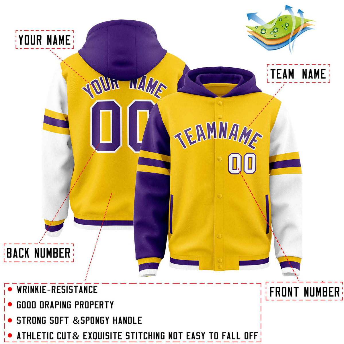 Custom Gold Purple-White Raglan Sleeves Varsity Full-Snap Letterman Three Stripes Jacket Hoodie| KXKSHOP