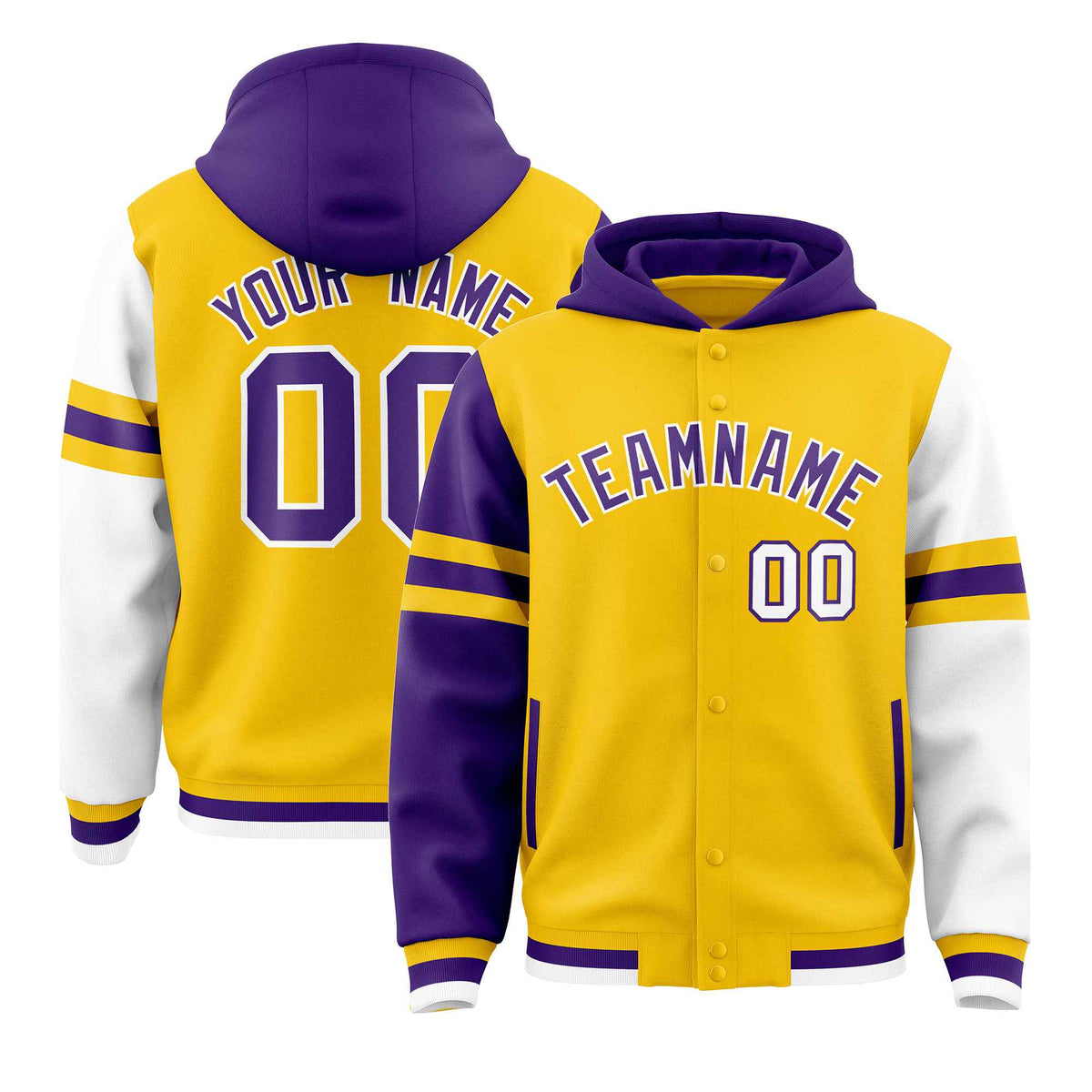 Custom Gold Purple-White Raglan Sleeves Varsity Full-Snap Letterman Three Stripes Jacket Hoodie| KXKSHOP
