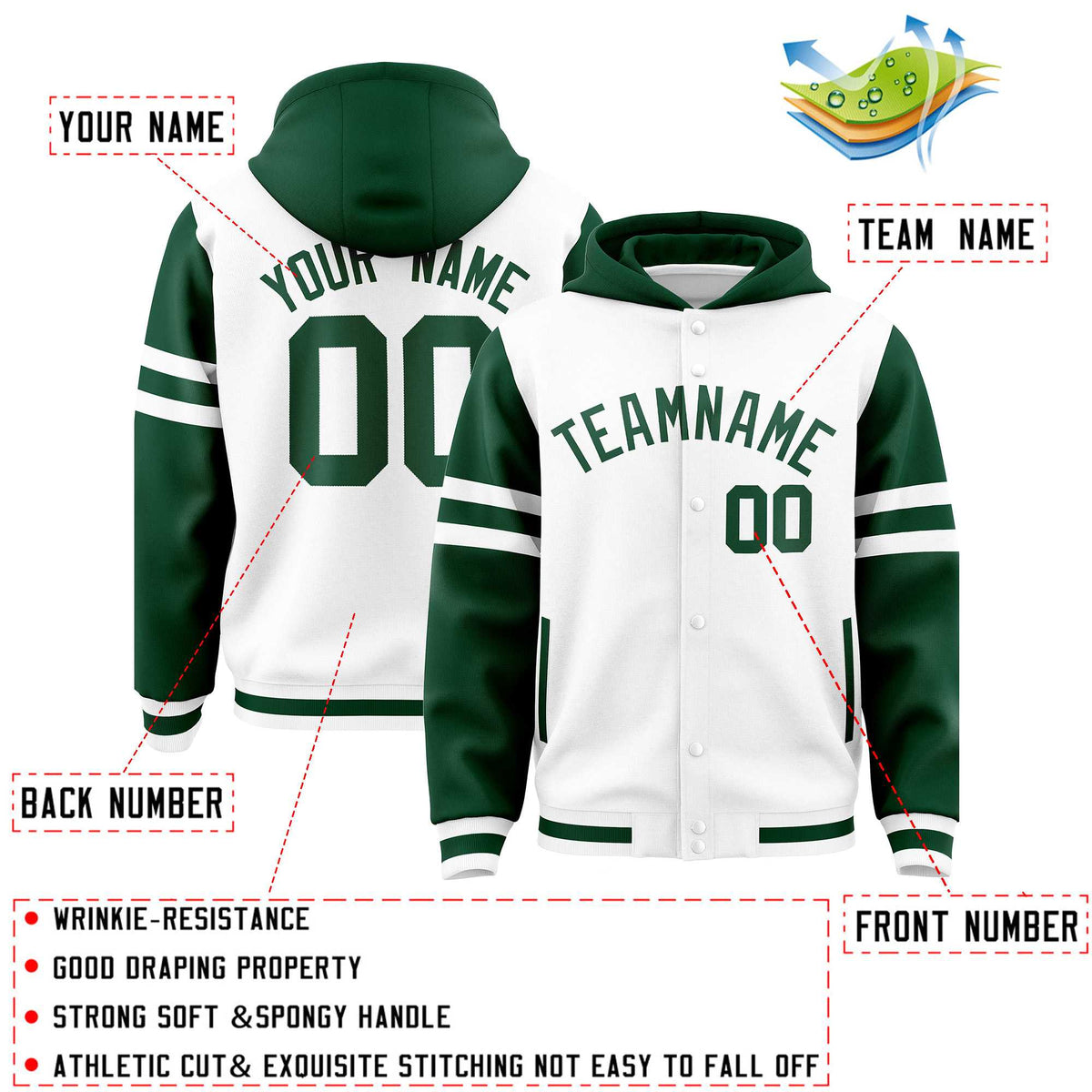 Custom White Green Raglan Sleeves Varsity Full-Snap Letterman Three Stripes Jacket Hoodie| KXKSHOP