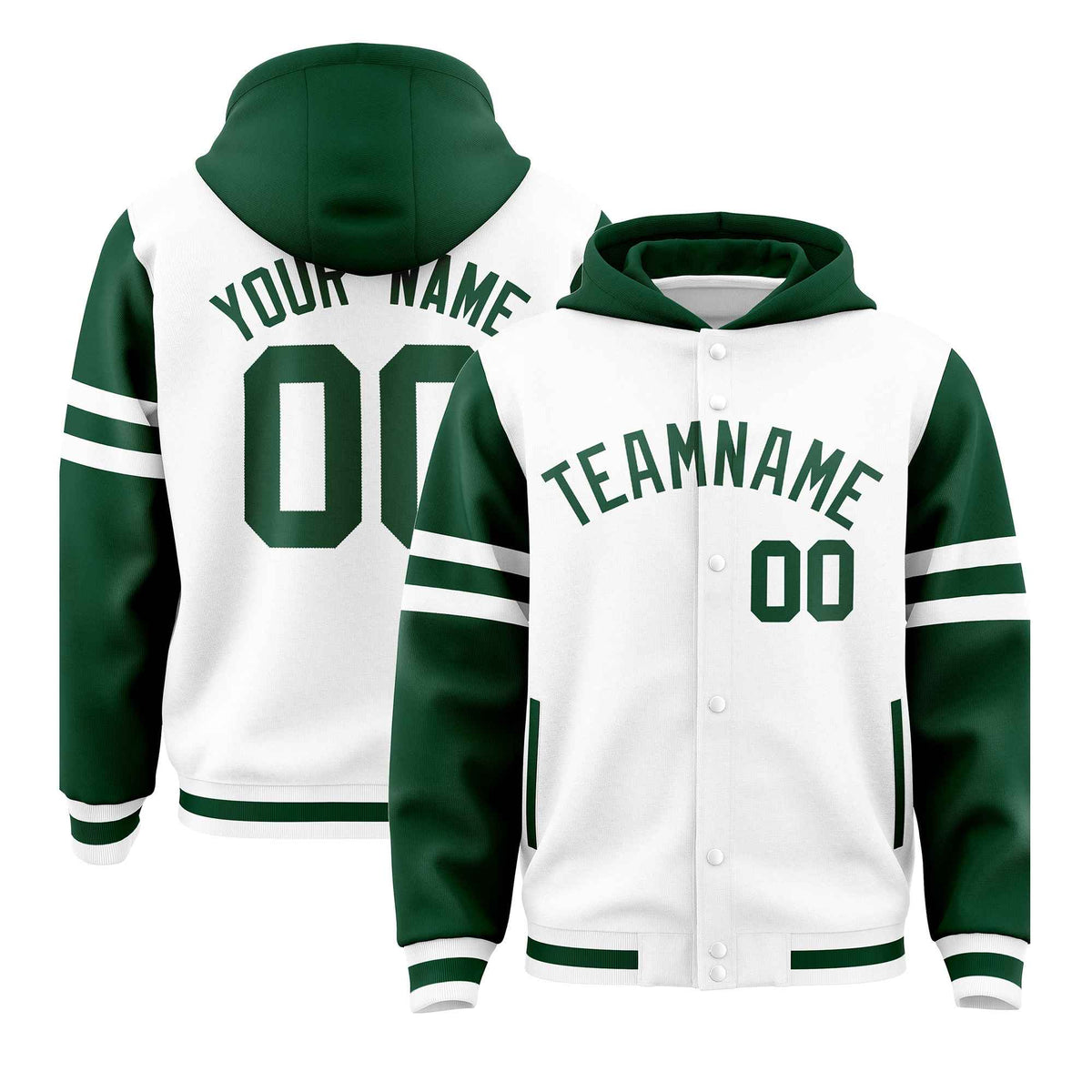 Custom White Green Raglan Sleeves Varsity Full-Snap Letterman Three Stripes Jacket Hoodie| KXKSHOP
