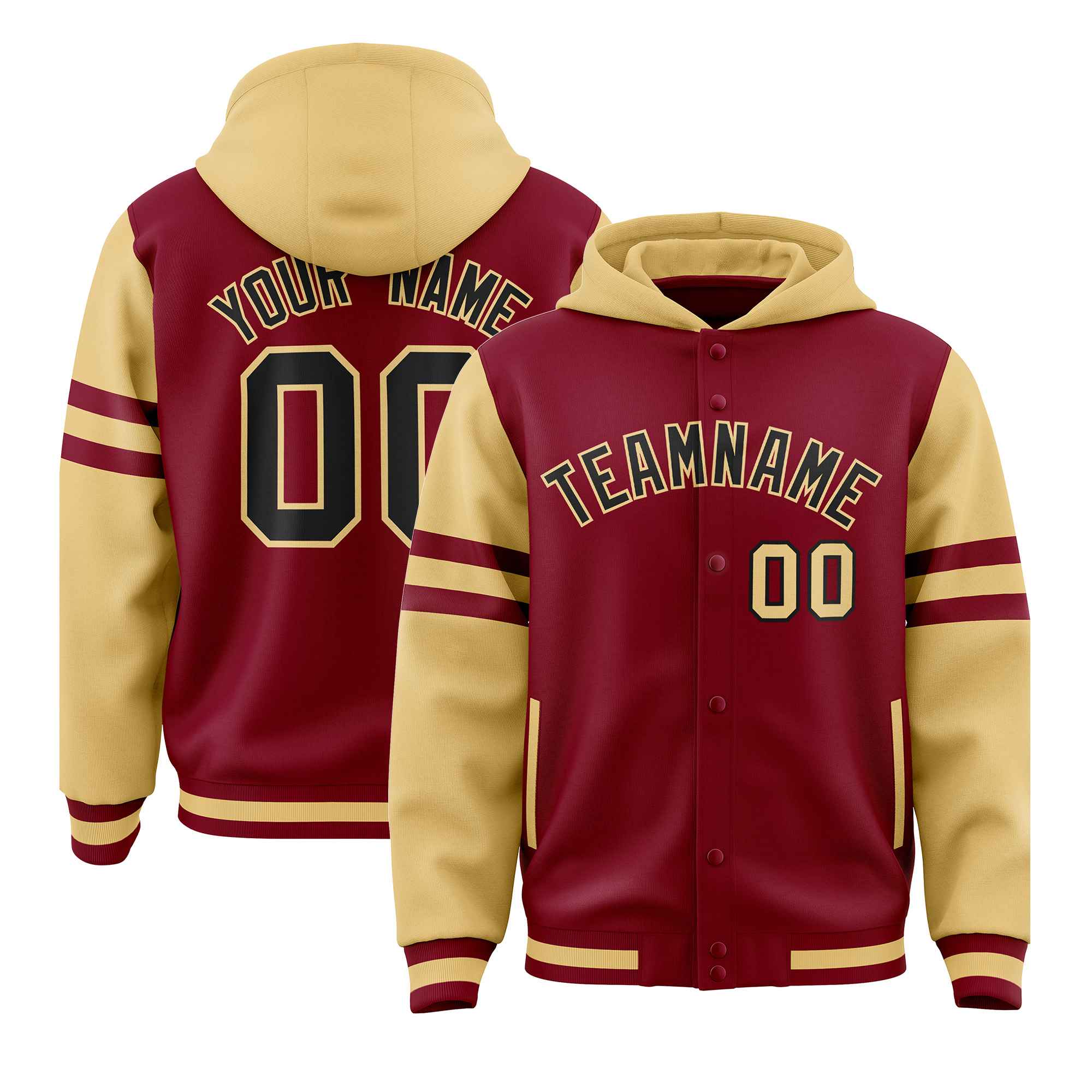 Custom Crimson Khaki Raglan Sleeves Varsity Full-Snap Letterman Three Stripes Jacket Hoodie| KXKSHOP