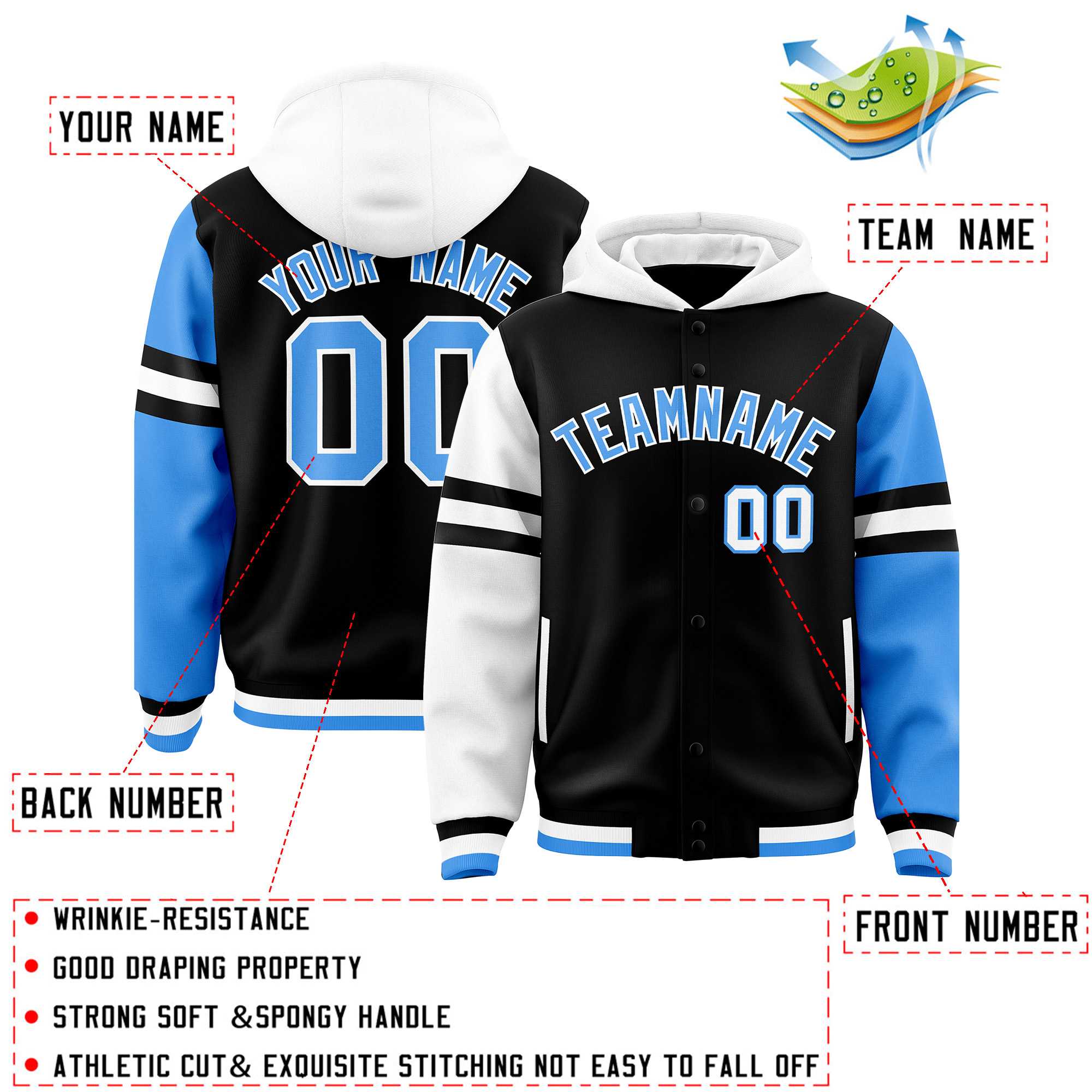 Custom Black White-Powder Blue Raglan Sleeves Varsity Full-Snap Letterman Three Stripes Jacket Hoodie| KXKSHOP