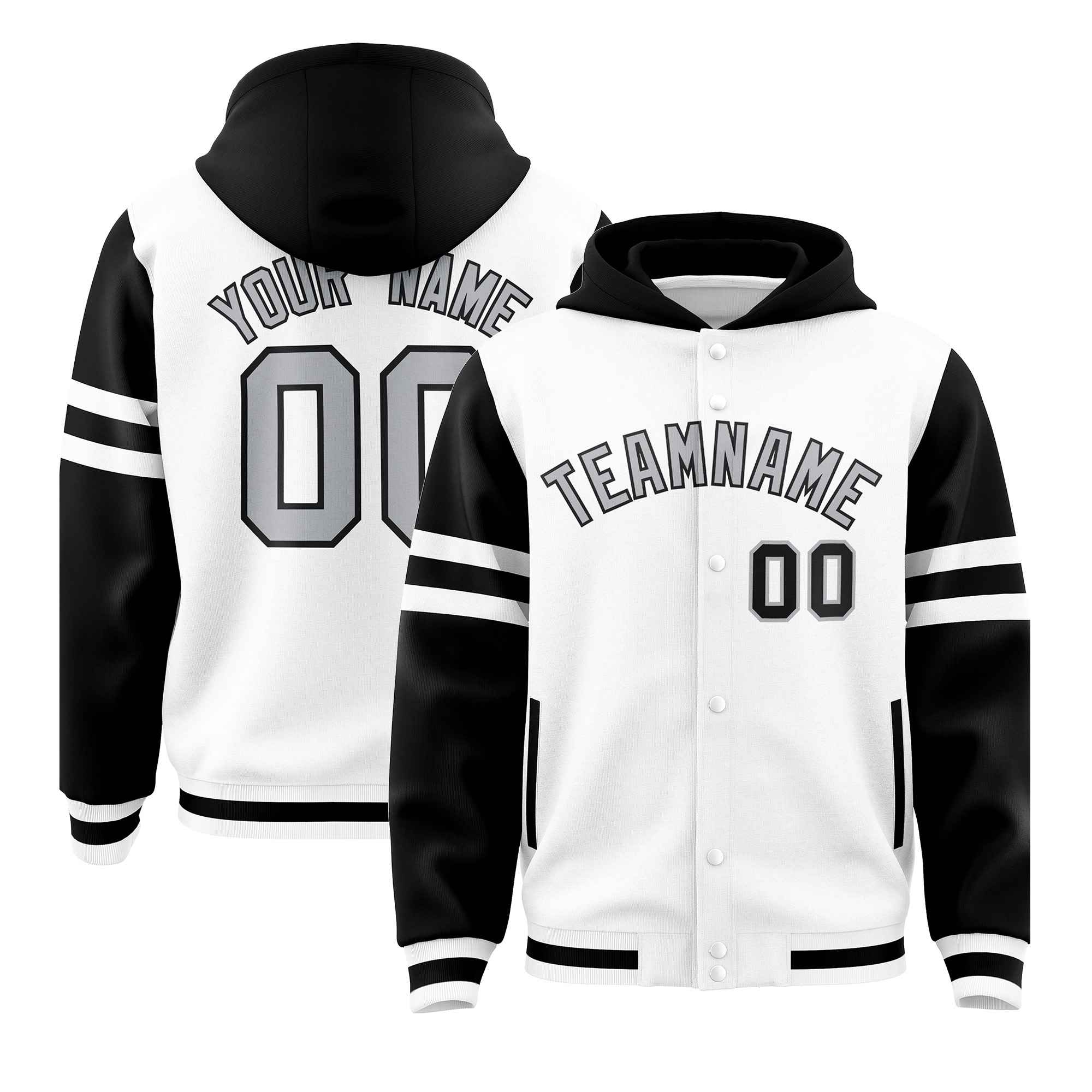 Custom White Black Raglan Sleeves Varsity Full-Snap Letterman Three Stripes Jacket Hoodie| KXKSHOP