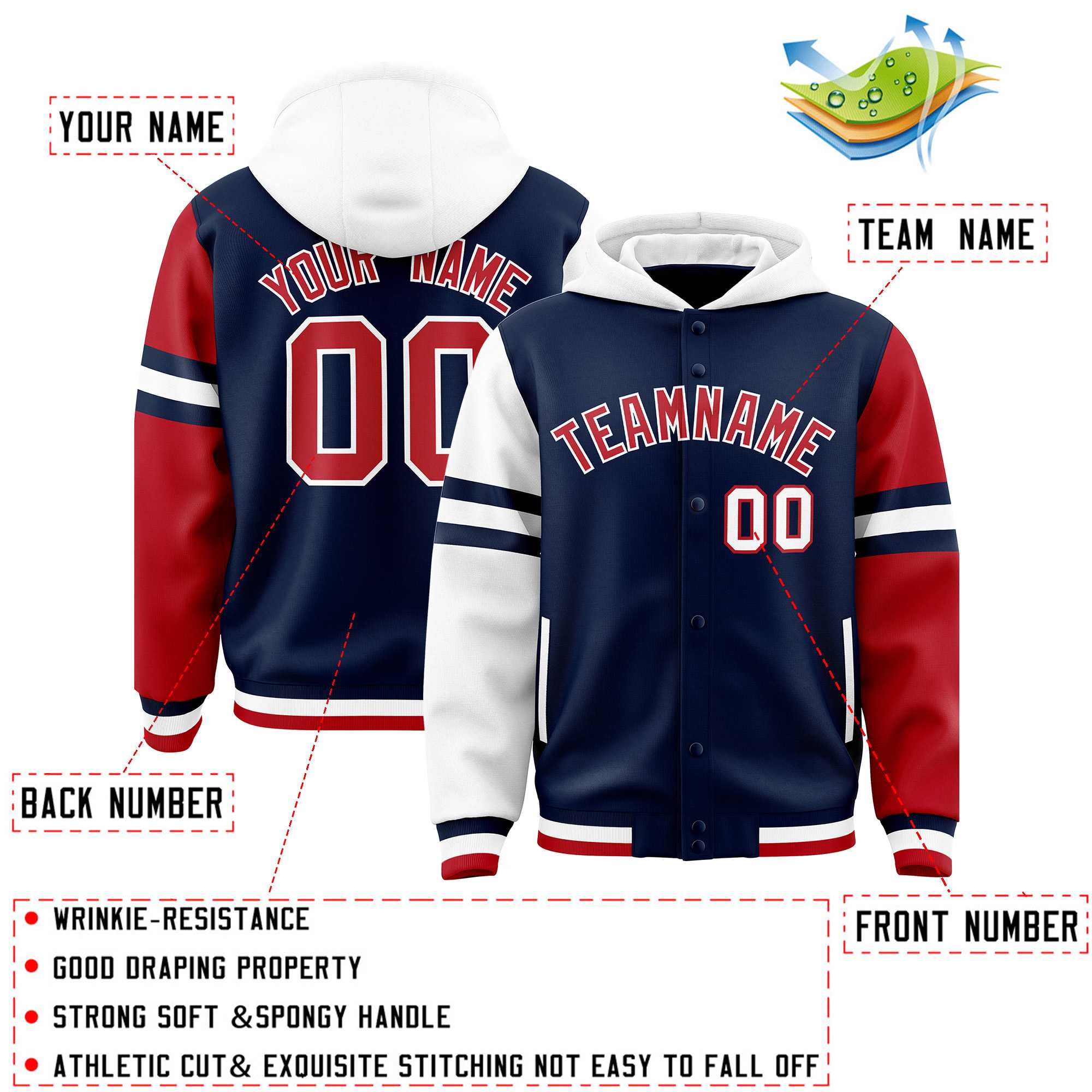 Custom Navy White-Red Raglan Sleeves Varsity Full-Snap Letterman Three Stripes Jacket Hoodie| KXKSHOP