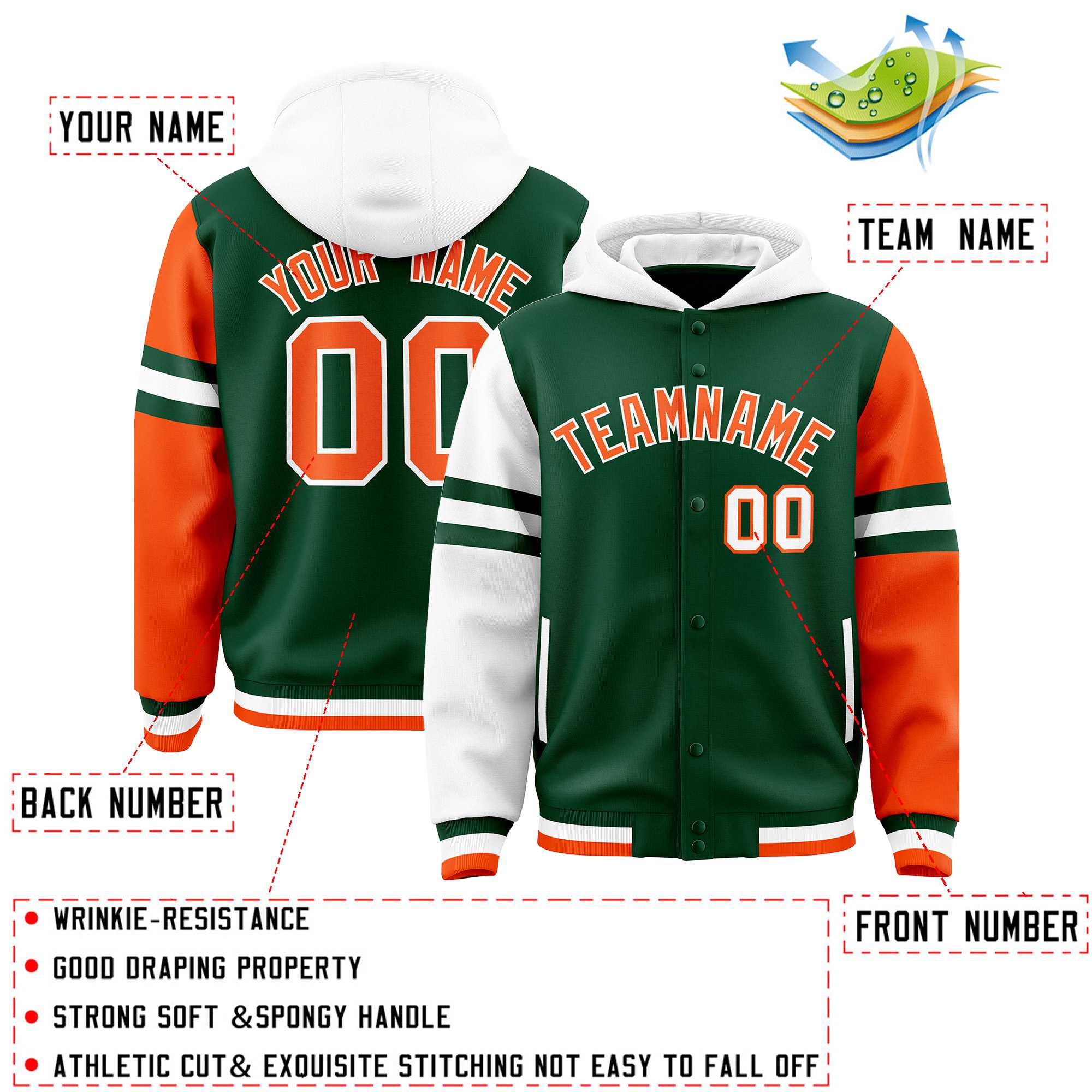 Custom Green White-Orange Raglan Sleeves Varsity Full-Snap Letterman Three Stripes Jacket Hoodie| KXKSHOP
