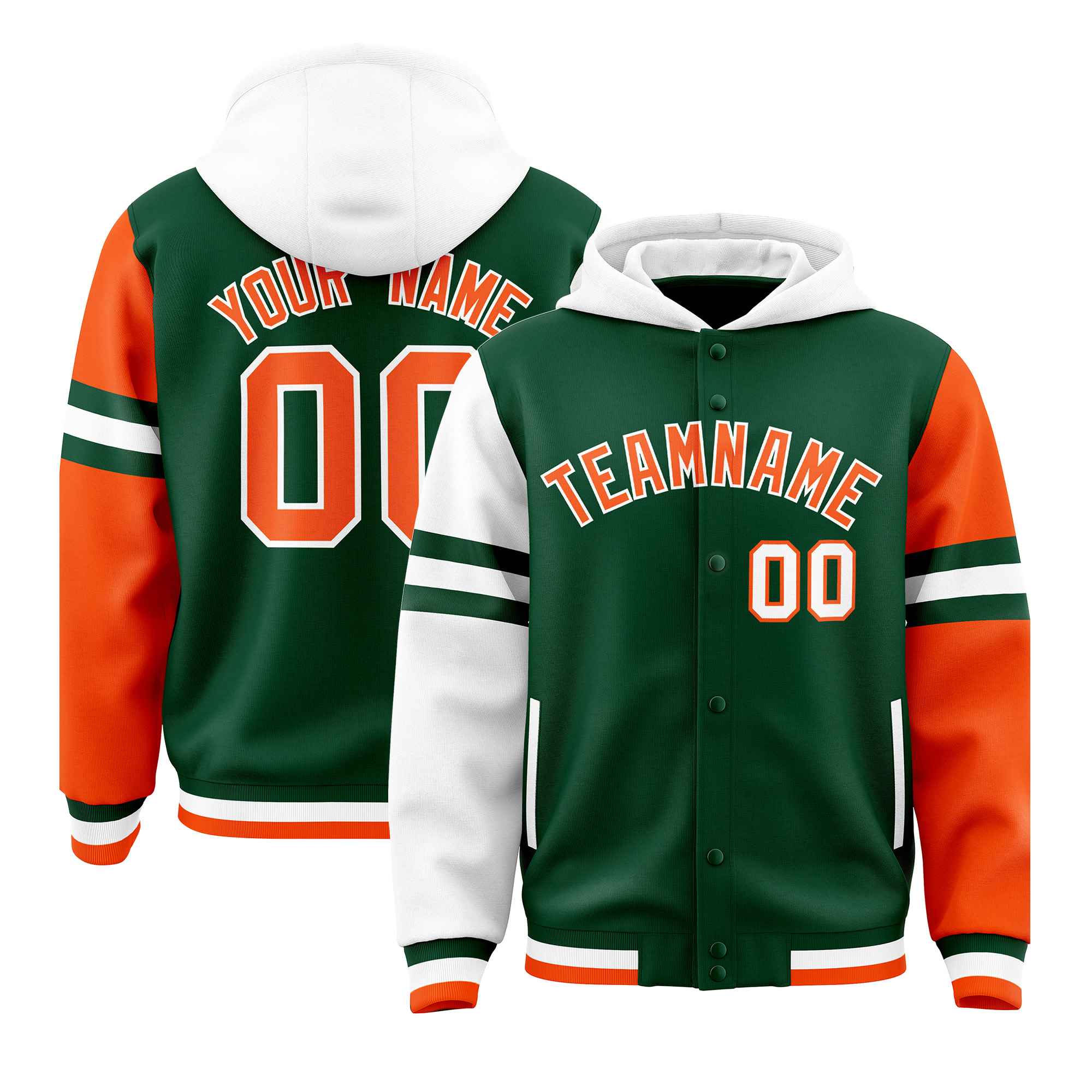 Custom Green White-Orange Raglan Sleeves Varsity Full-Snap Letterman Three Stripes Jacket Hoodie| KXKSHOP