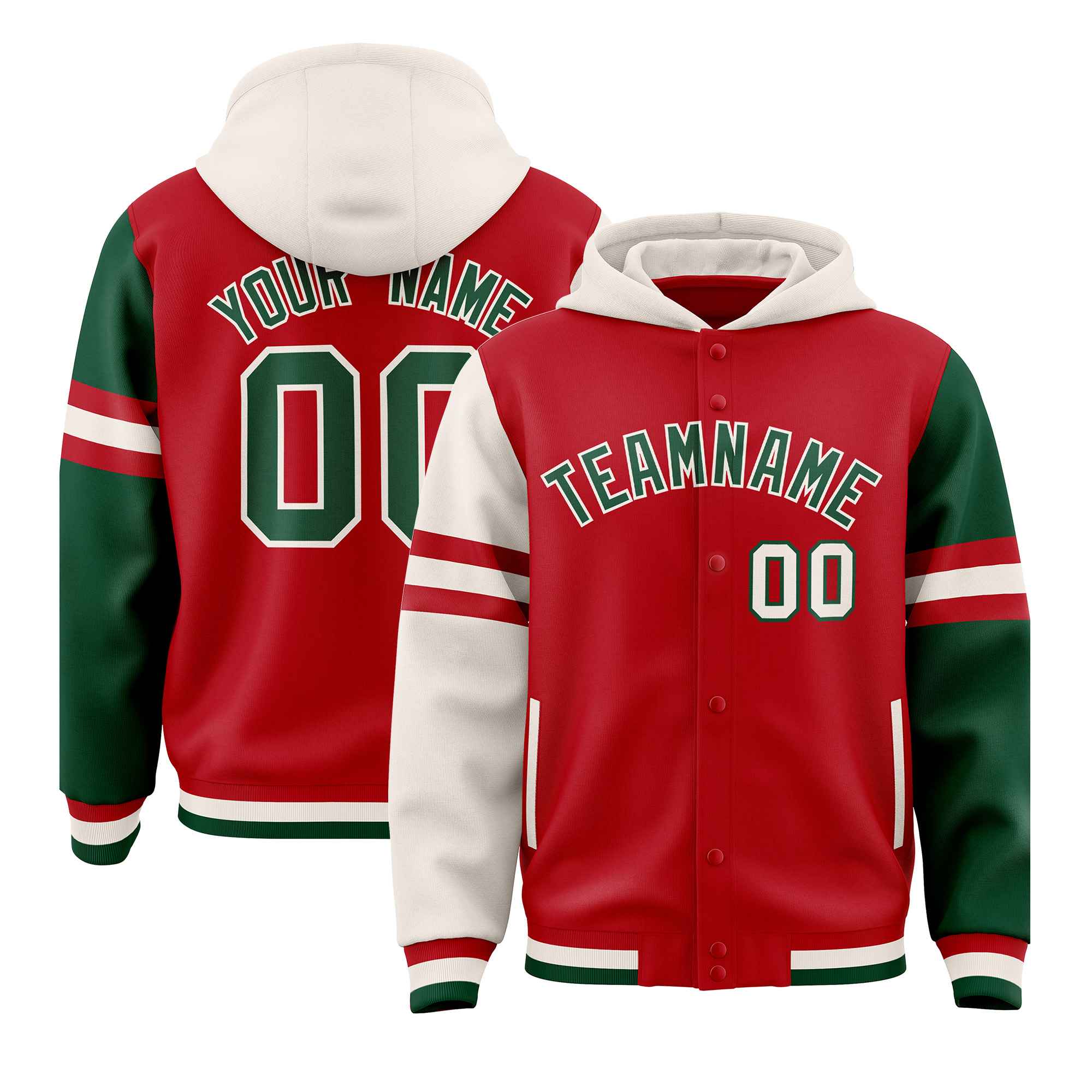 Custom Red Cream-Green Raglan Sleeves Varsity Full-Snap Letterman Three Stripes Jacket Hoodie| KXKSHOP
