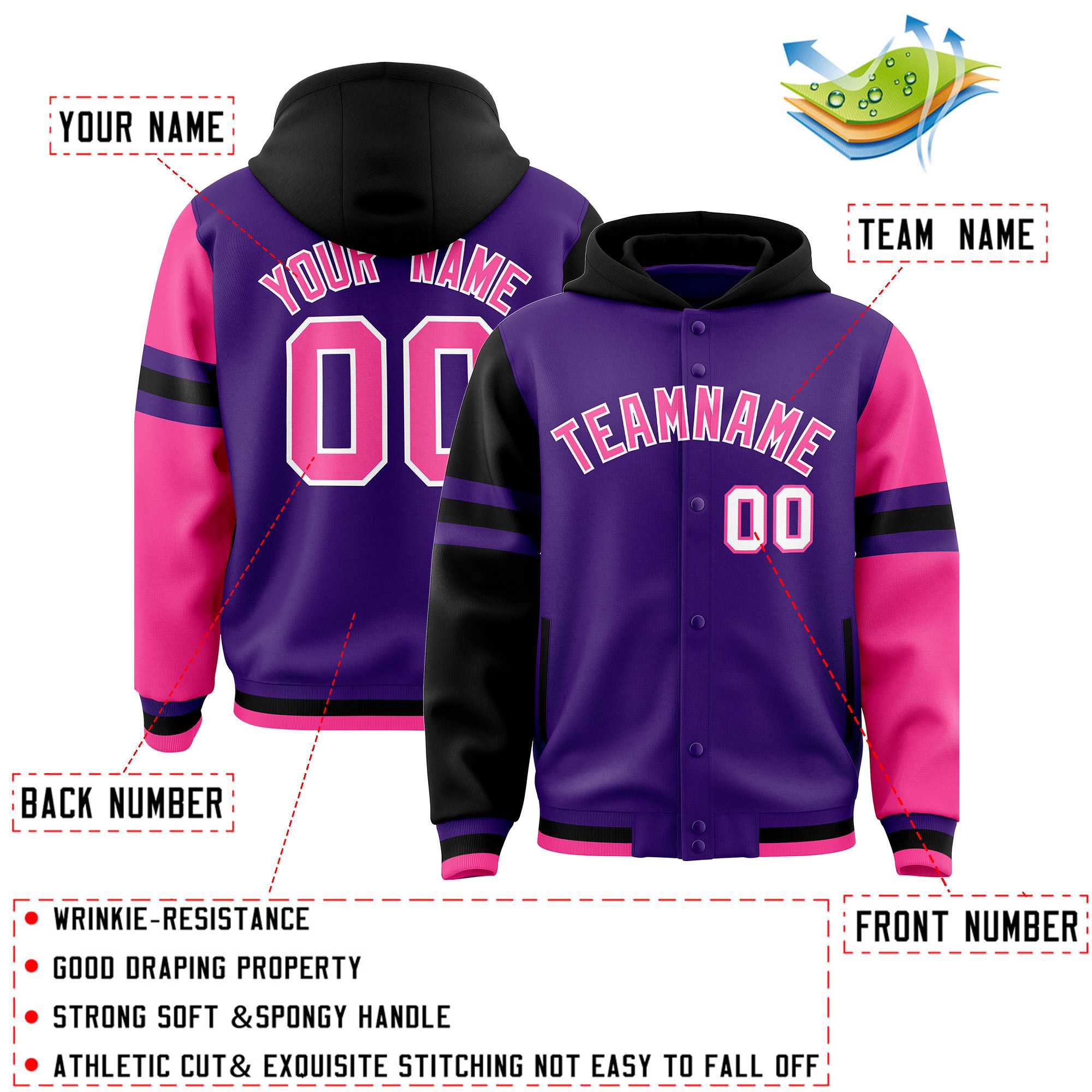 Custom Purple Black-Pink Raglan Sleeves Varsity Full-Snap Letterman Three Stripes Jacket Hoodie| KXKSHOP