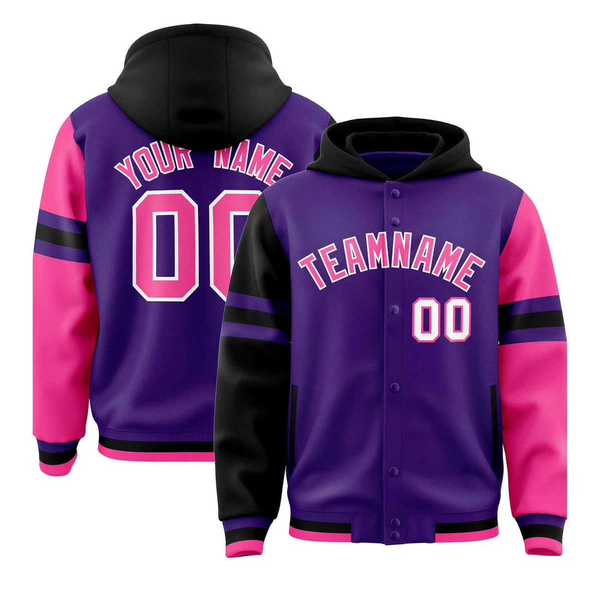 Custom Purple Black-Pink Raglan Sleeves Varsity Full-Snap Letterman Three Stripes Jacket Hoodie| KXKSHOP