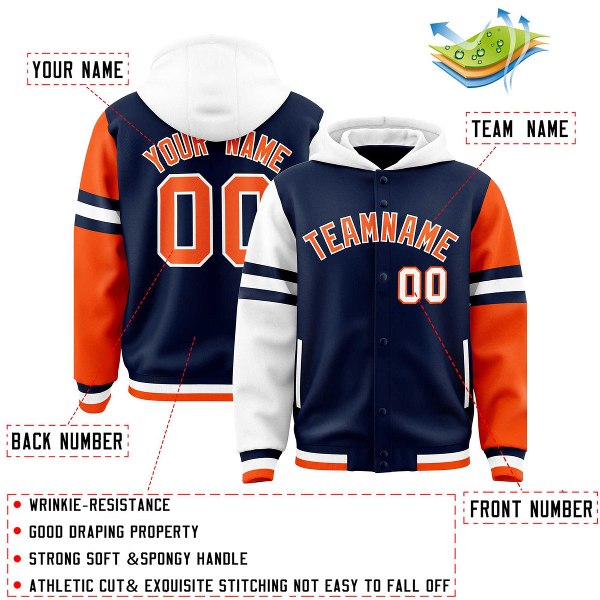 Custom Navy White-Orange Raglan Sleeves Varsity Full-Snap Letterman Three Stripes Jacket Hoodie| KXKSHOP