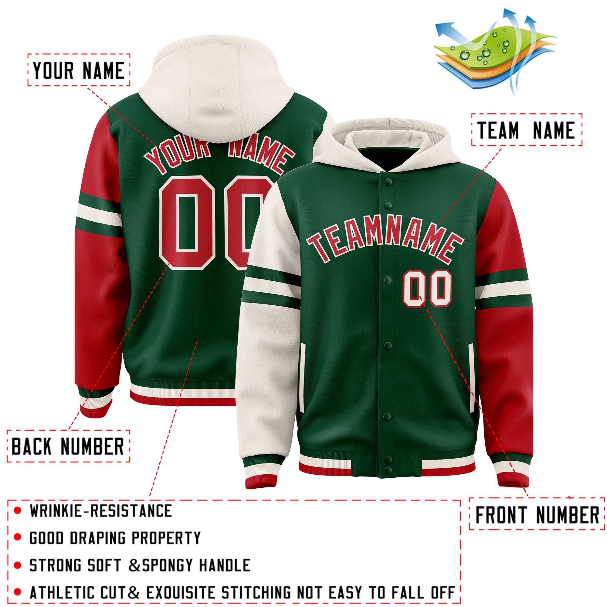 Custom Green Cream-Red Raglan Sleeves Varsity Full-Snap Letterman Three Stripes Jacket Hoodie| KXKSHOP