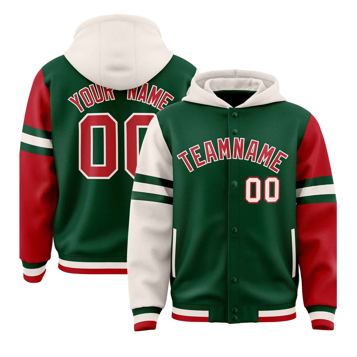 Custom Green Cream-Red Raglan Sleeves Varsity Full-Snap Letterman Three Stripes Jacket Hoodie| KXKSHOP