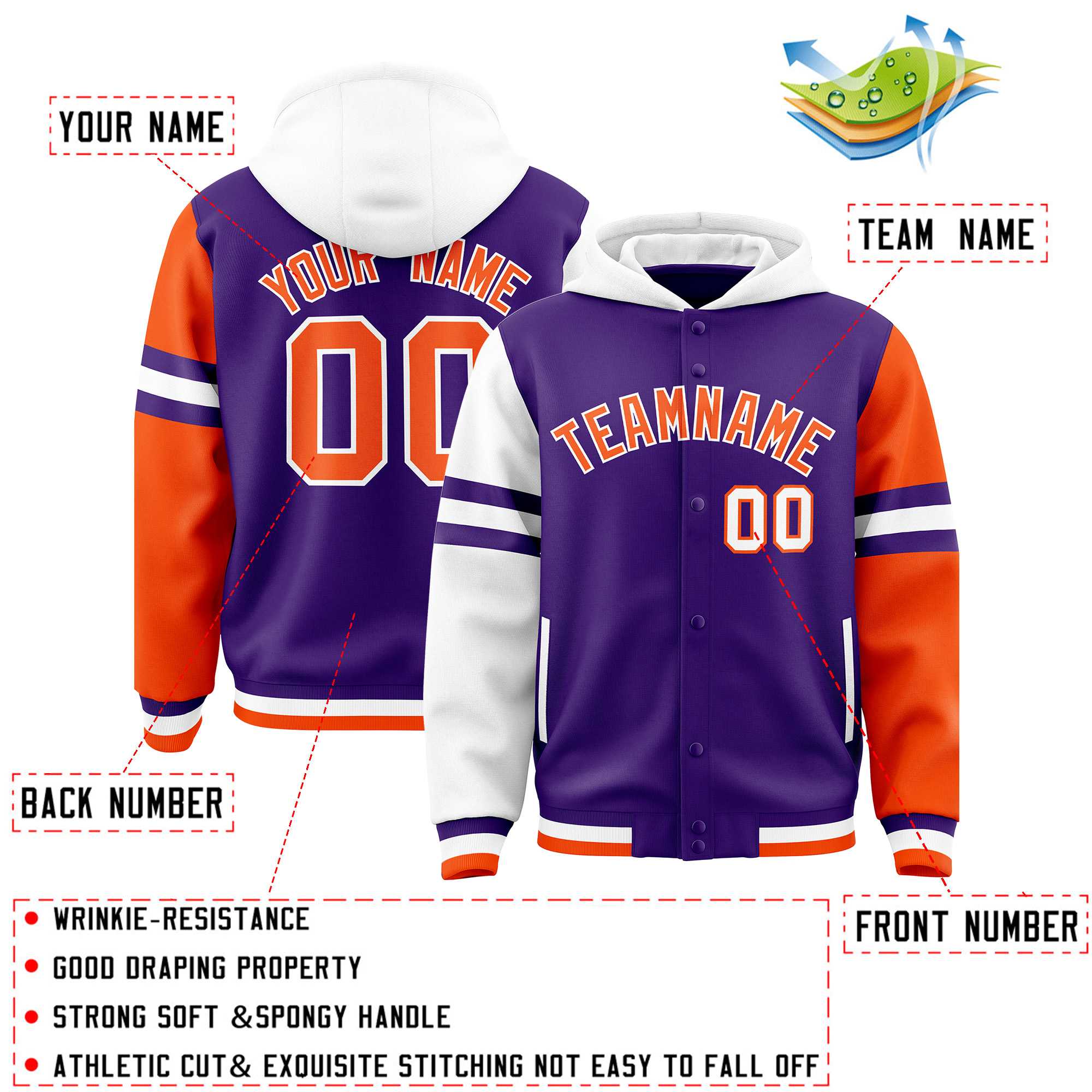 Custom Purple White-Orange Raglan Sleeves Varsity Full-Snap Letterman Three Stripes Jacket Hoodie| KXKSHOP