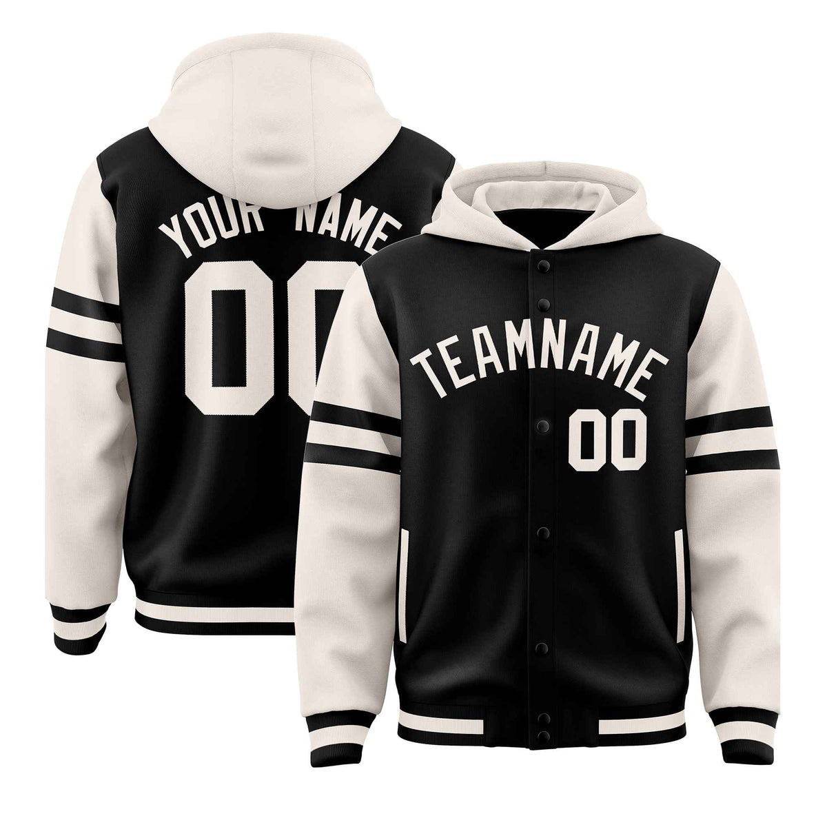 Custom Black Cream Raglan Sleeves Varsity Full-Snap Letterman Three Stripes Jacket Hoodie| KXKSHOP