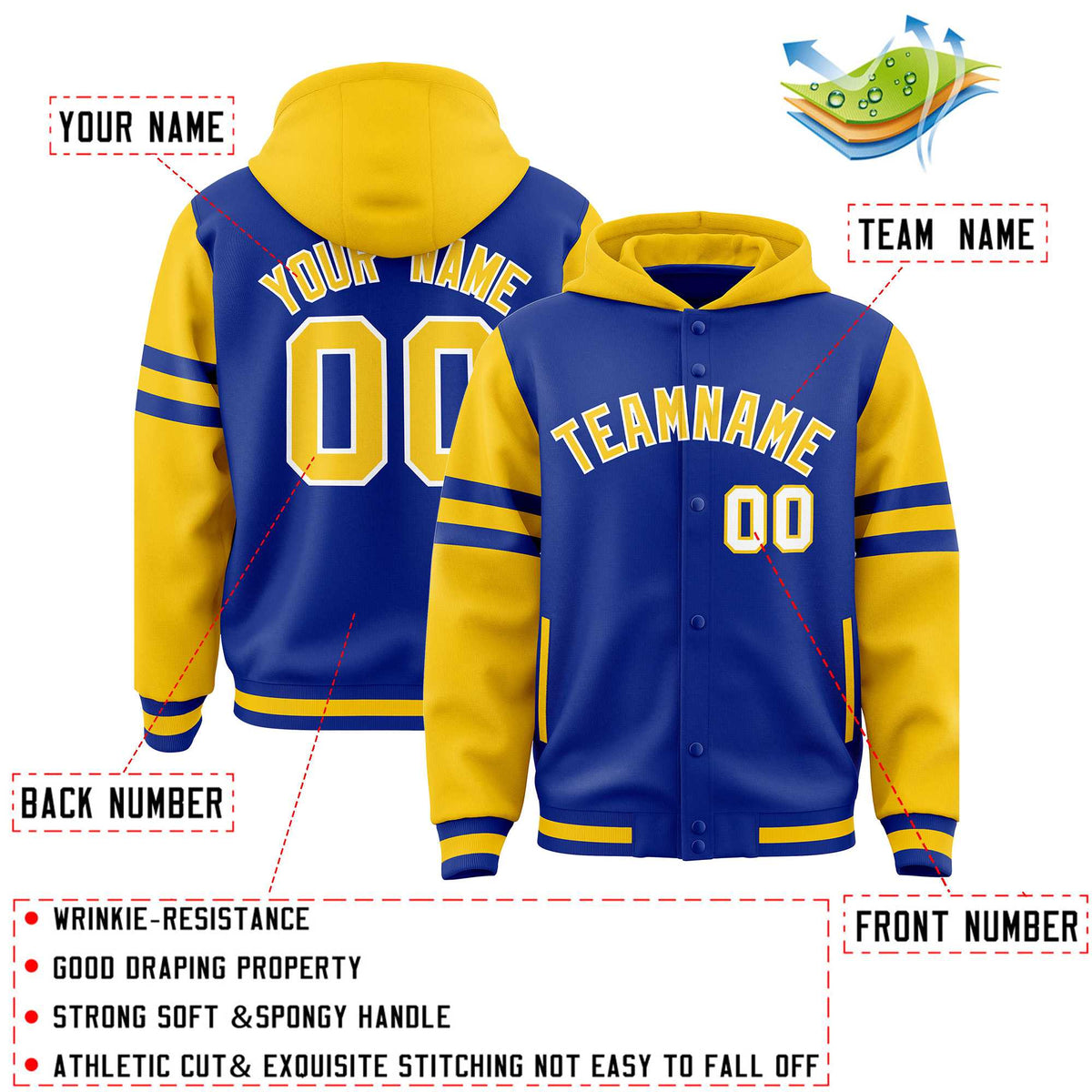 Custom Royal Gold Raglan Sleeves Varsity Full-Snap Letterman Three Stripes Jacket Hoodie| KXKSHOP
