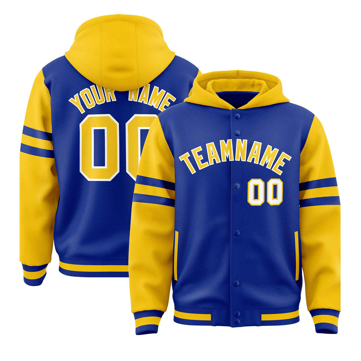 Custom Royal Gold Raglan Sleeves Varsity Full-Snap Letterman Three Stripes Jacket Hoodie| KXKSHOP
