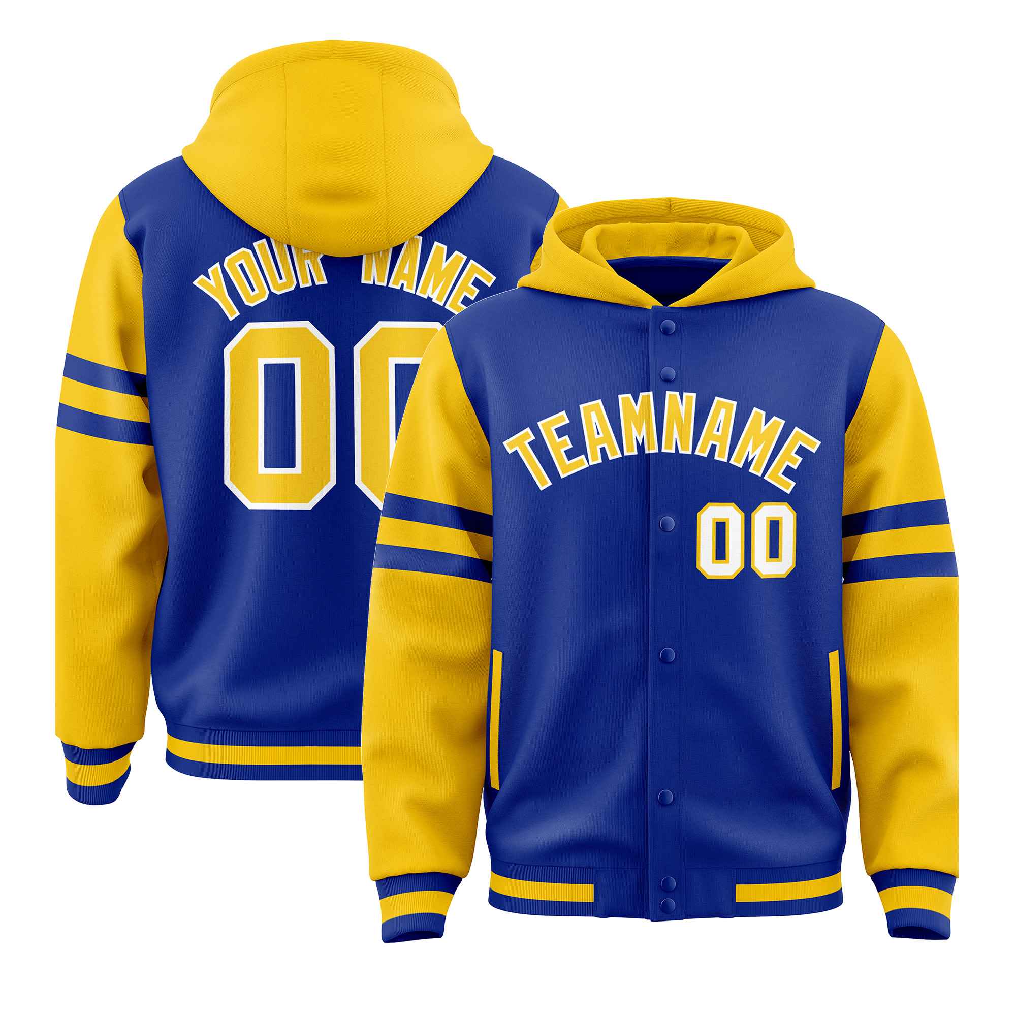 Custom Royal Gold Raglan Sleeves Varsity Full-Snap Letterman Three Stripes Jacket Hoodie| KXKSHOP