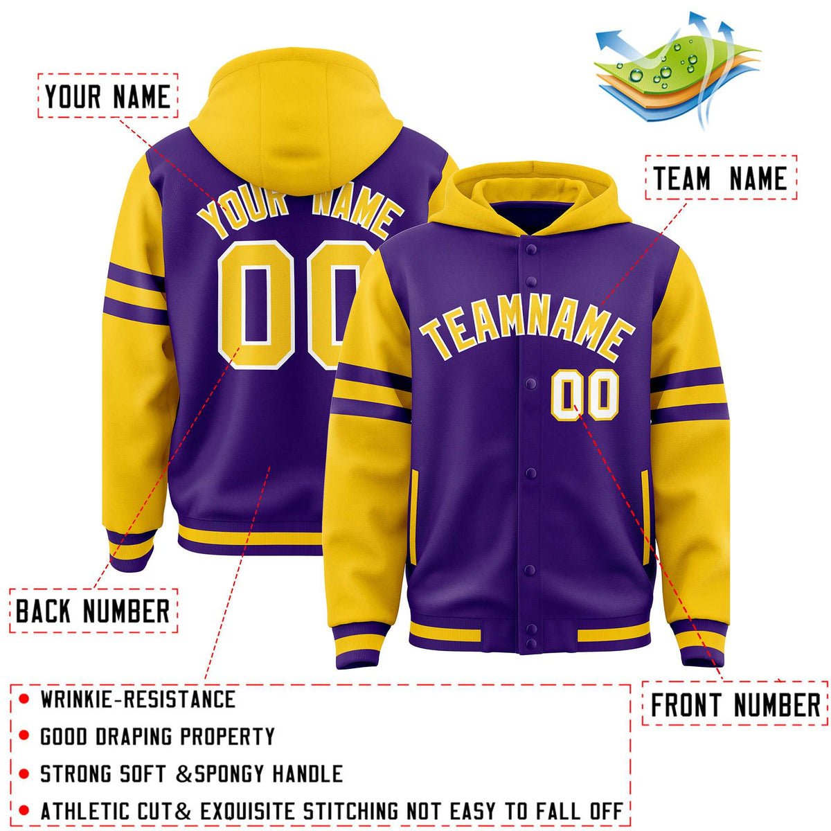 Custom Purple Gold Raglan Sleeves Varsity Full-Snap Letterman Three Stripes Jacket Hoodie| KXKSHOP