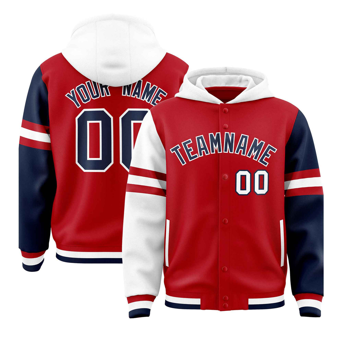 Custom Red White-Navy Raglan Sleeves Varsity Full-Snap Letterman Three Stripes Jacket Hoodie| KXKSHOP