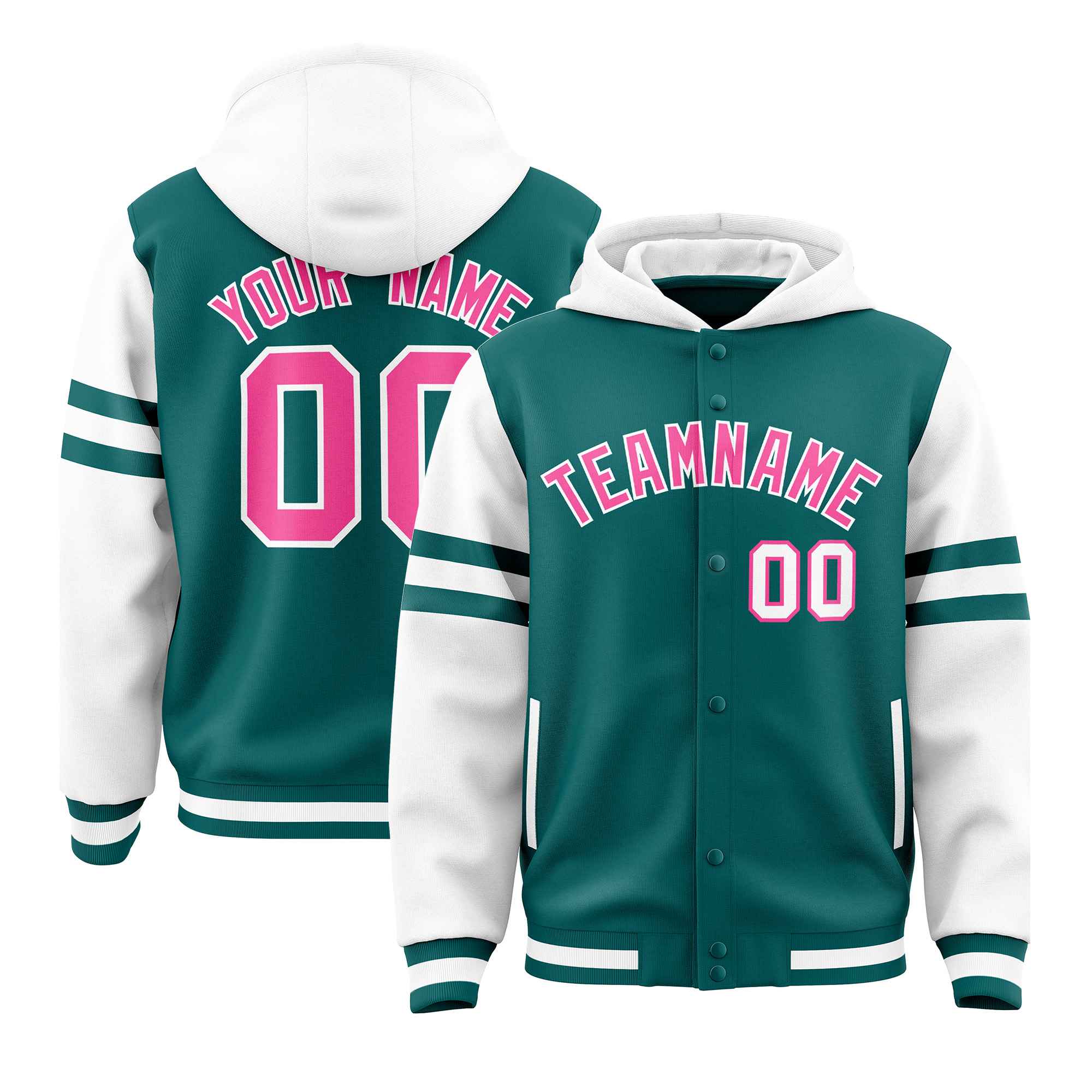 Custom Aqua White Raglan Sleeves Varsity Full-Snap Letterman Three Stripes Jacket Hoodie| KXKSHOP