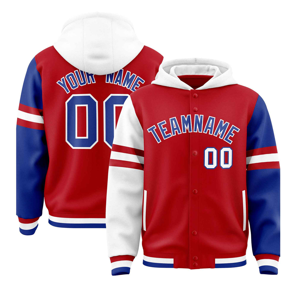 Custom Red White-Royal Raglan Sleeves Varsity Full-Snap Letterman Three Stripes Jacket Hoodie| KXKSHOP