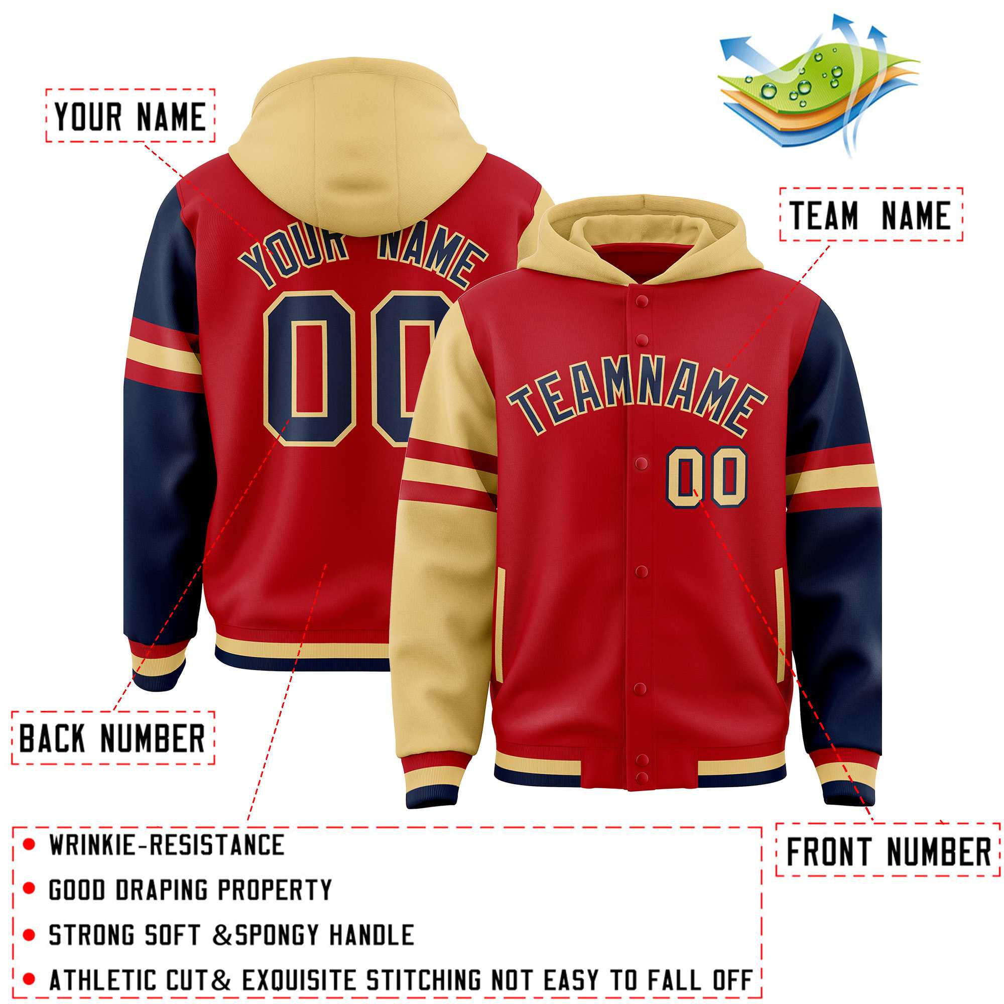 Custom Red Old Gold-Navy Raglan Sleeves Varsity Full-Snap Letterman Three Stripes Jacket Hoodie| KXKSHOP