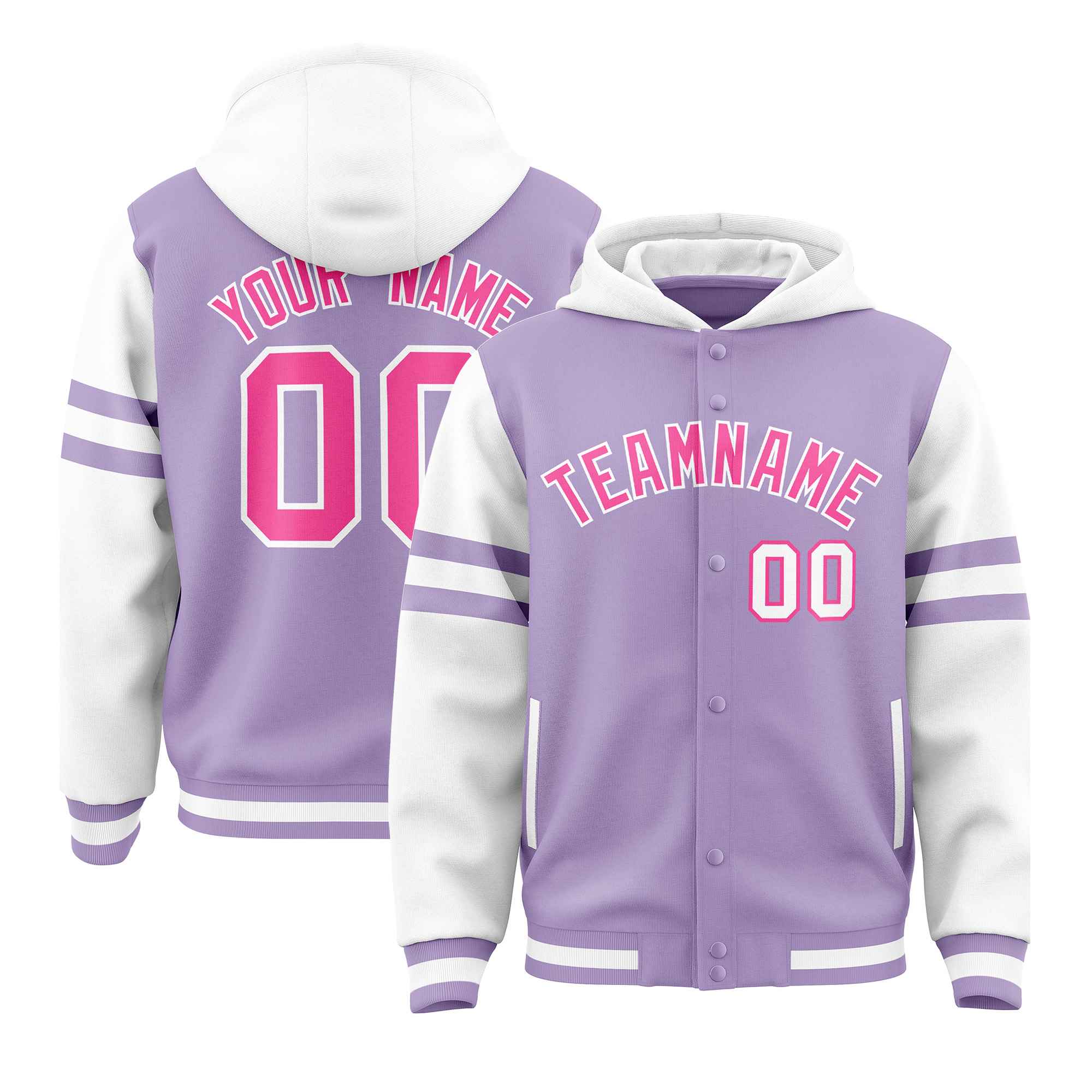 Custom Light Purple White Raglan Sleeves Varsity Full-Snap Letterman Three Stripes Jacket Hoodie| KXKSHOP