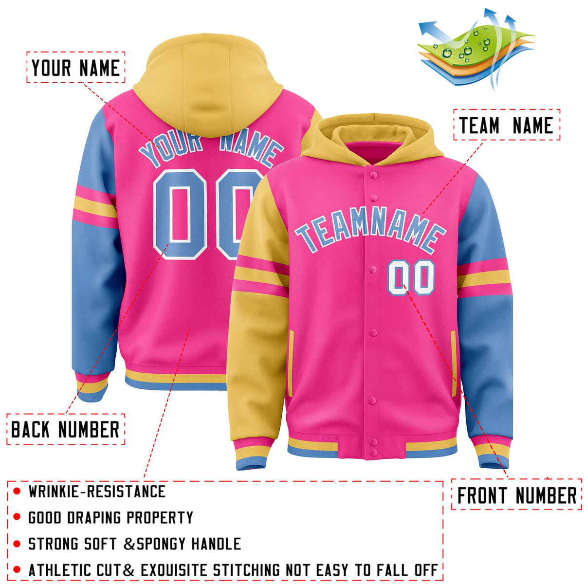 Custom Pink Khaki-Light Blue Raglan Sleeves Varsity Full-Snap Letterman Three Stripes Jacket Hoodie| KXKSHOP
